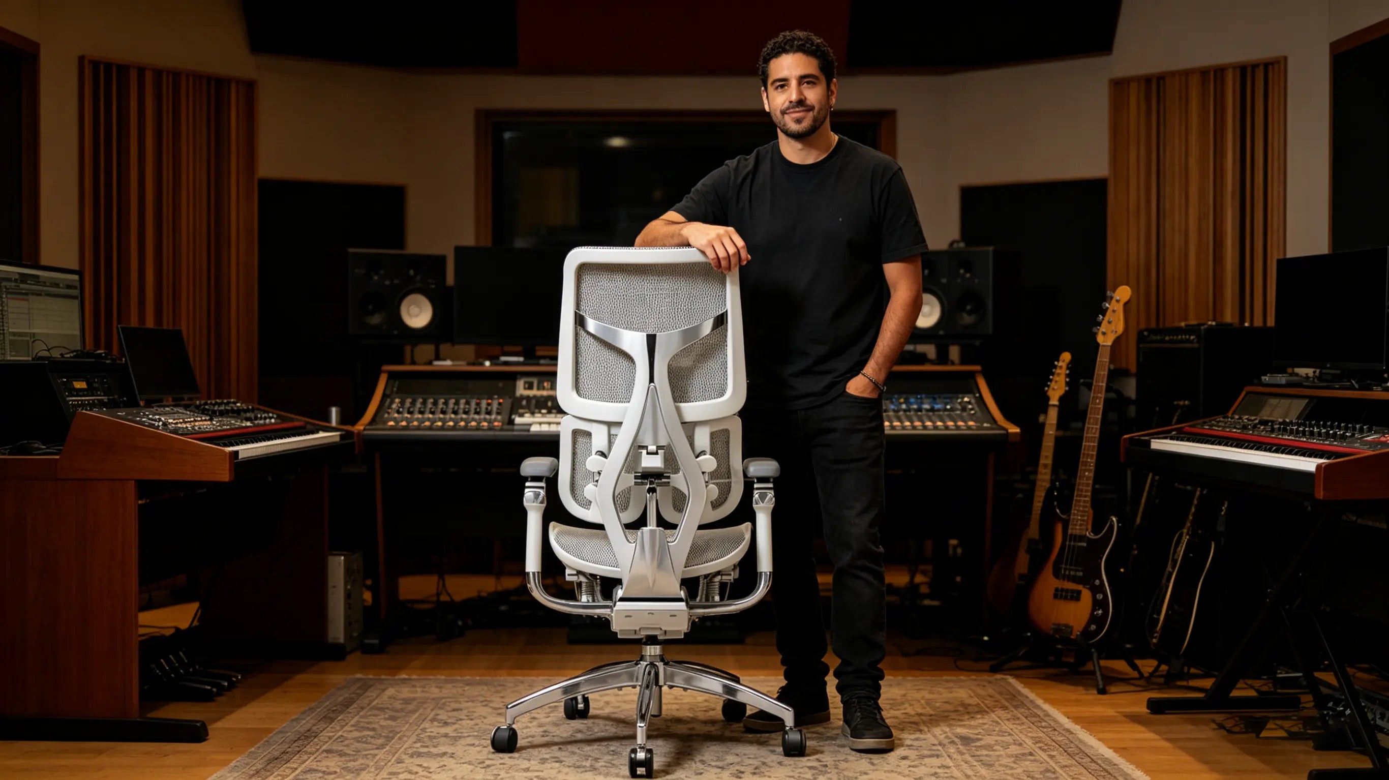 Javier editing sound waveforms while sitting on his sillón ergonómico of Ergo Select in Valencia.