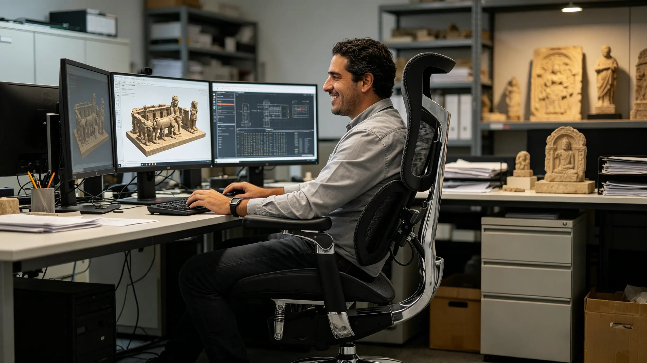 Xavier examining 3D digital models while sitting on his sillón ergonómico of Ergo Select in Tarragona.