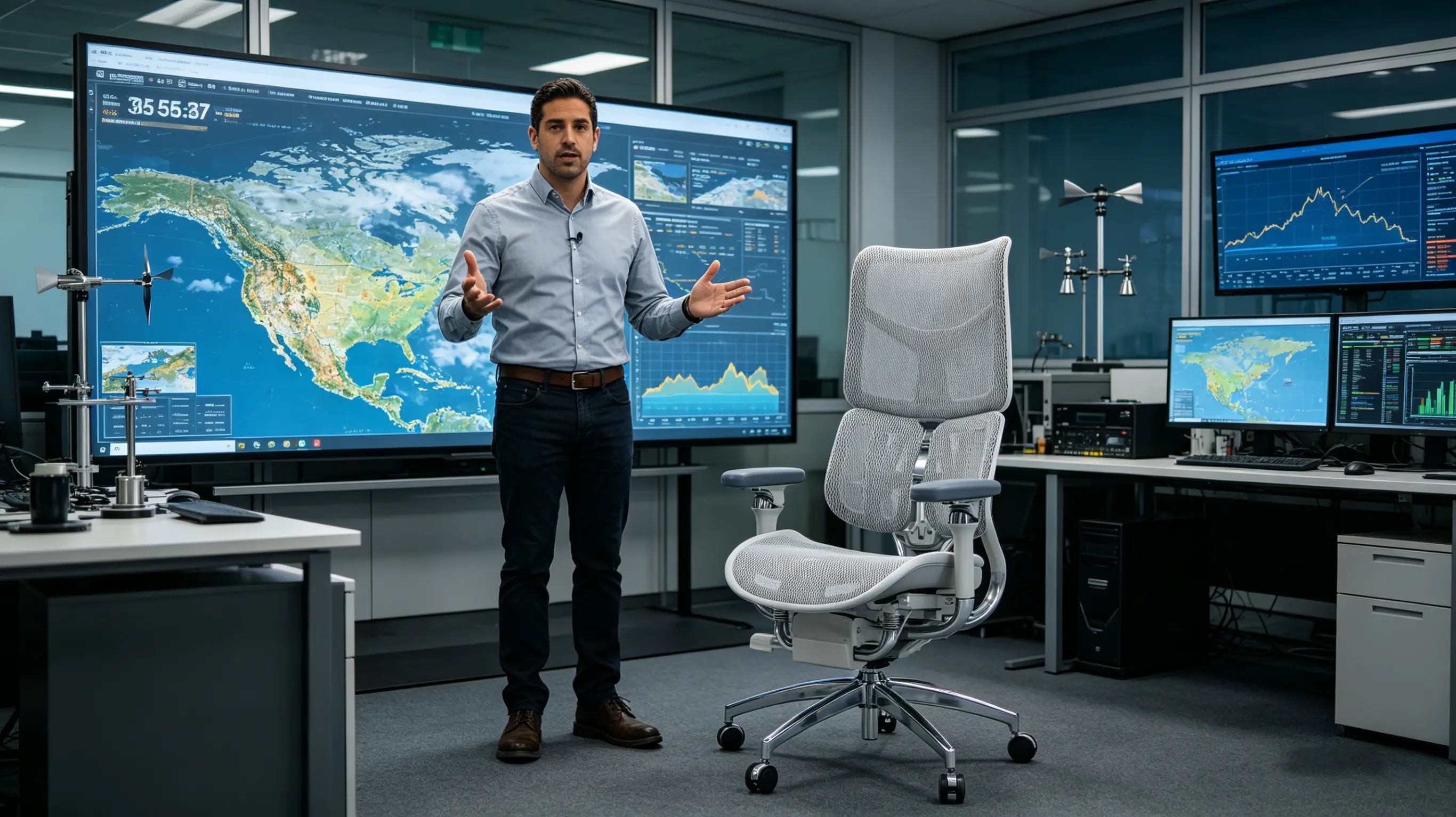 Mateo analyzing climate data models while sitting on his sillón ergonómico of Ergo Select in Santander.