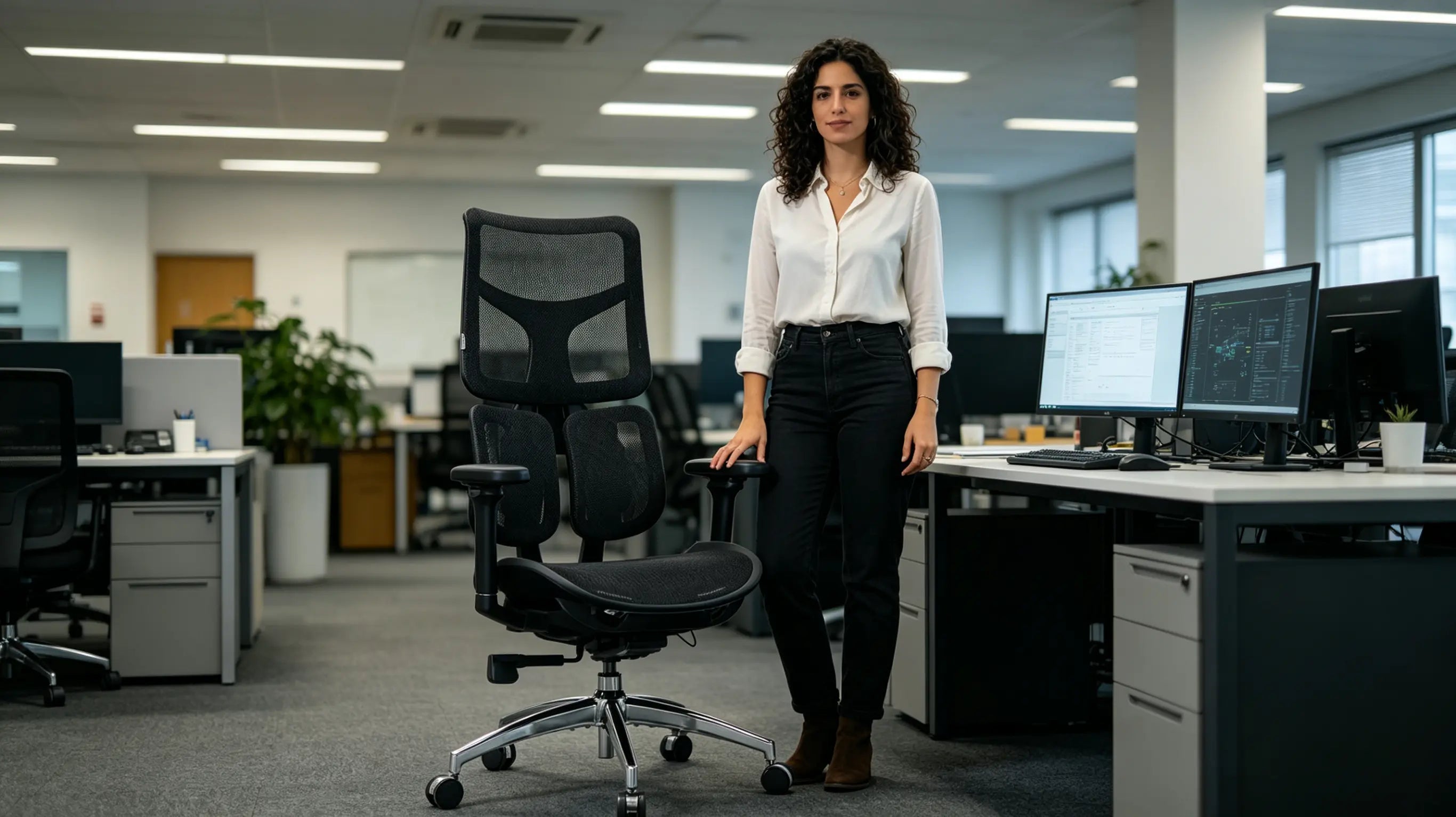 Clara etiquetando datos para IA sentada en su nueva adquisición tras comprar silla escritorio de Ergo Select