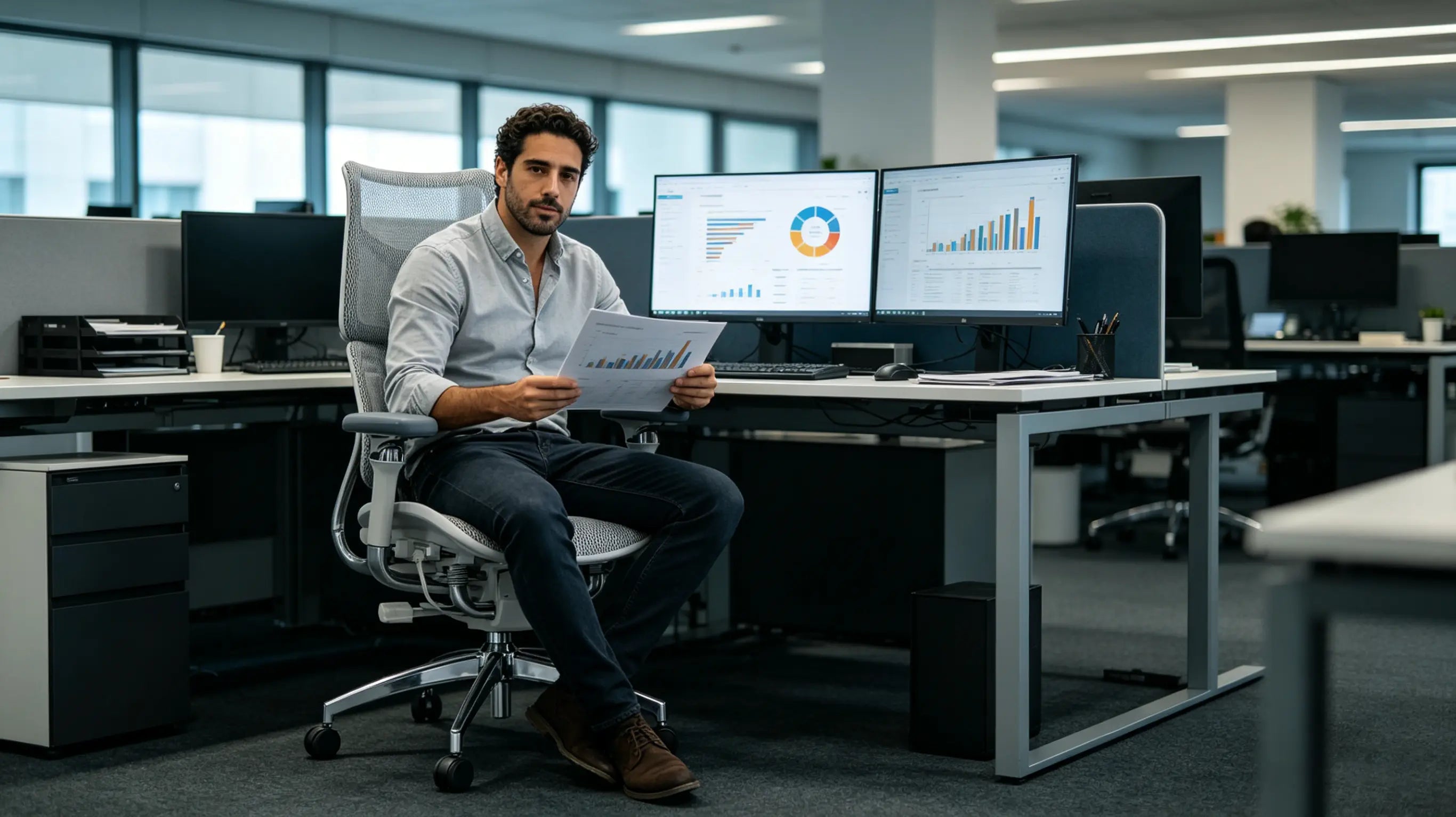 Pablo revisando métricas y campañas sentado en su sillón de oficina ergonómico de Ergo Select en Córdoba.