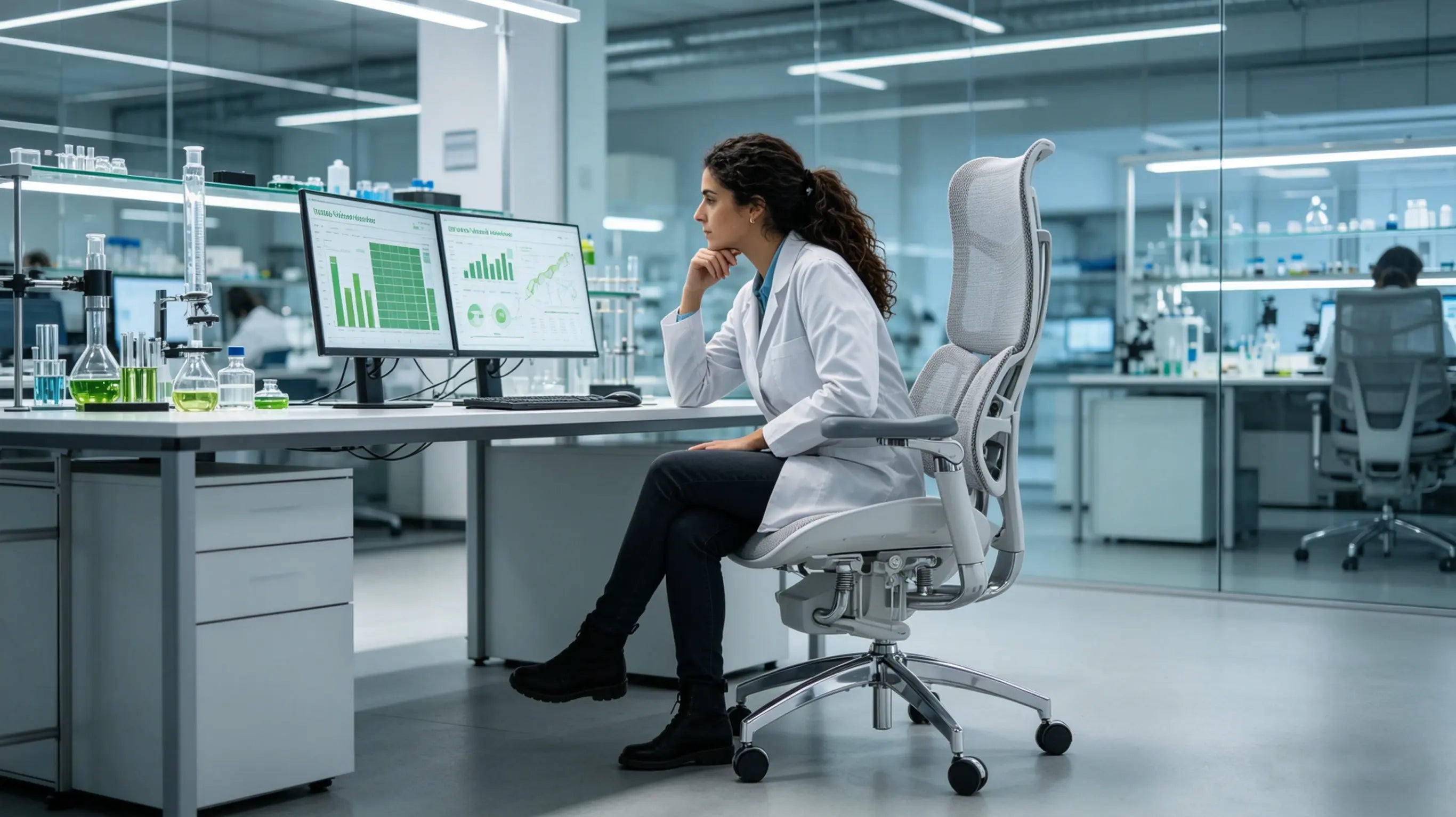 Lucía revisando datos de sostenibilidad sentada en su silla ergonómica de Ergo Select en Burgos.