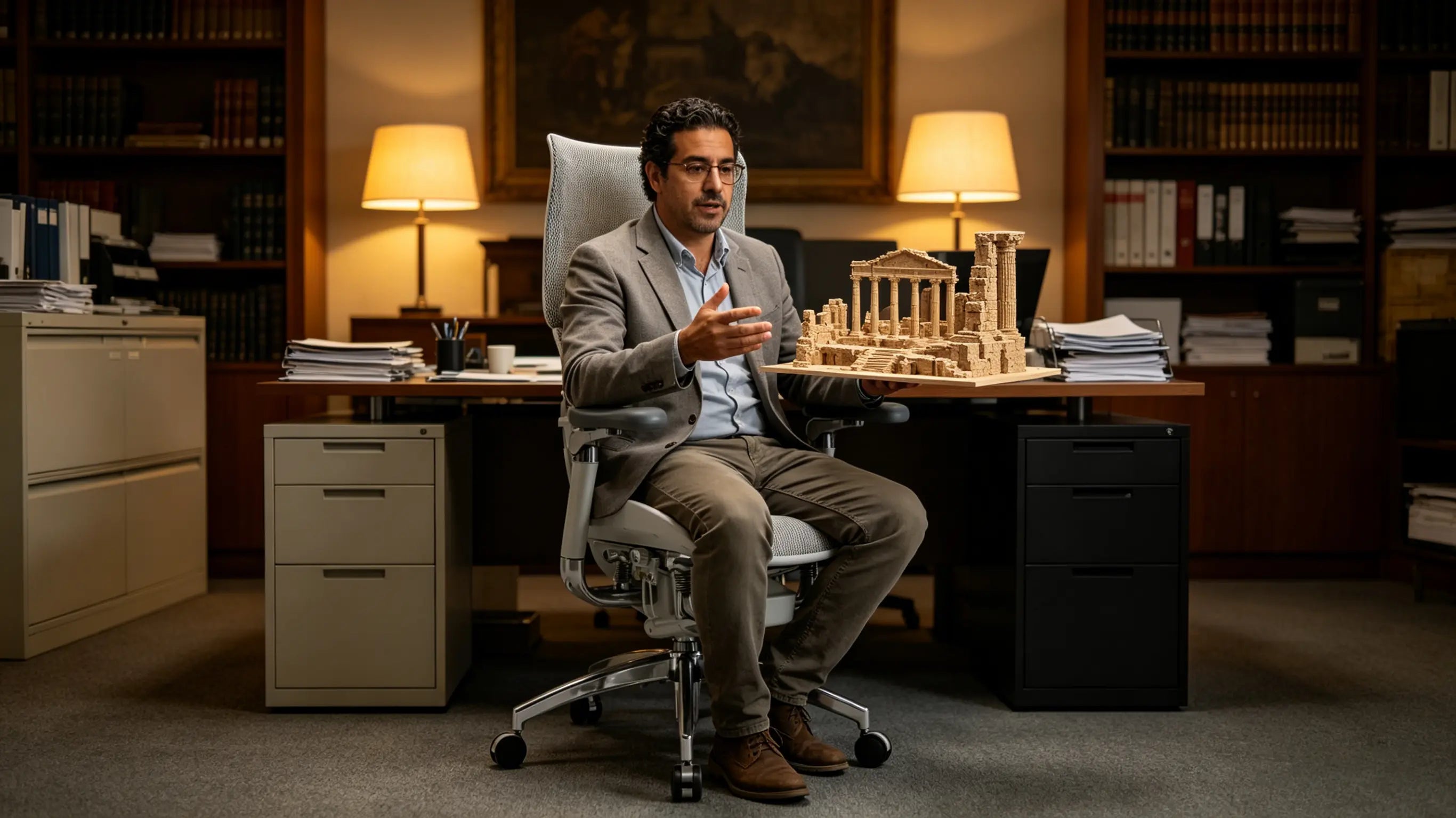 Alejandro revisando modelos 3D de ruinas históricas sentado en su silla ergonómica de Ergo Select en Toledo.