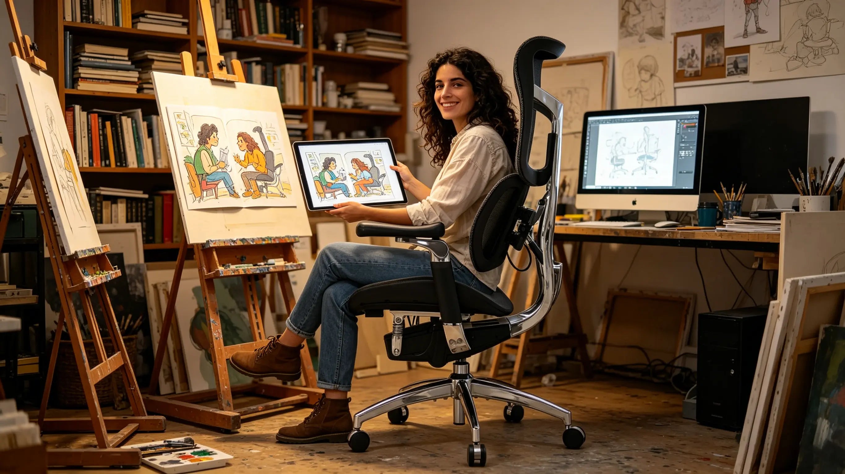 María ilustrando un libro digital sentada en su nueva adquisición tras comprar silla escritorio de Ergo Select.