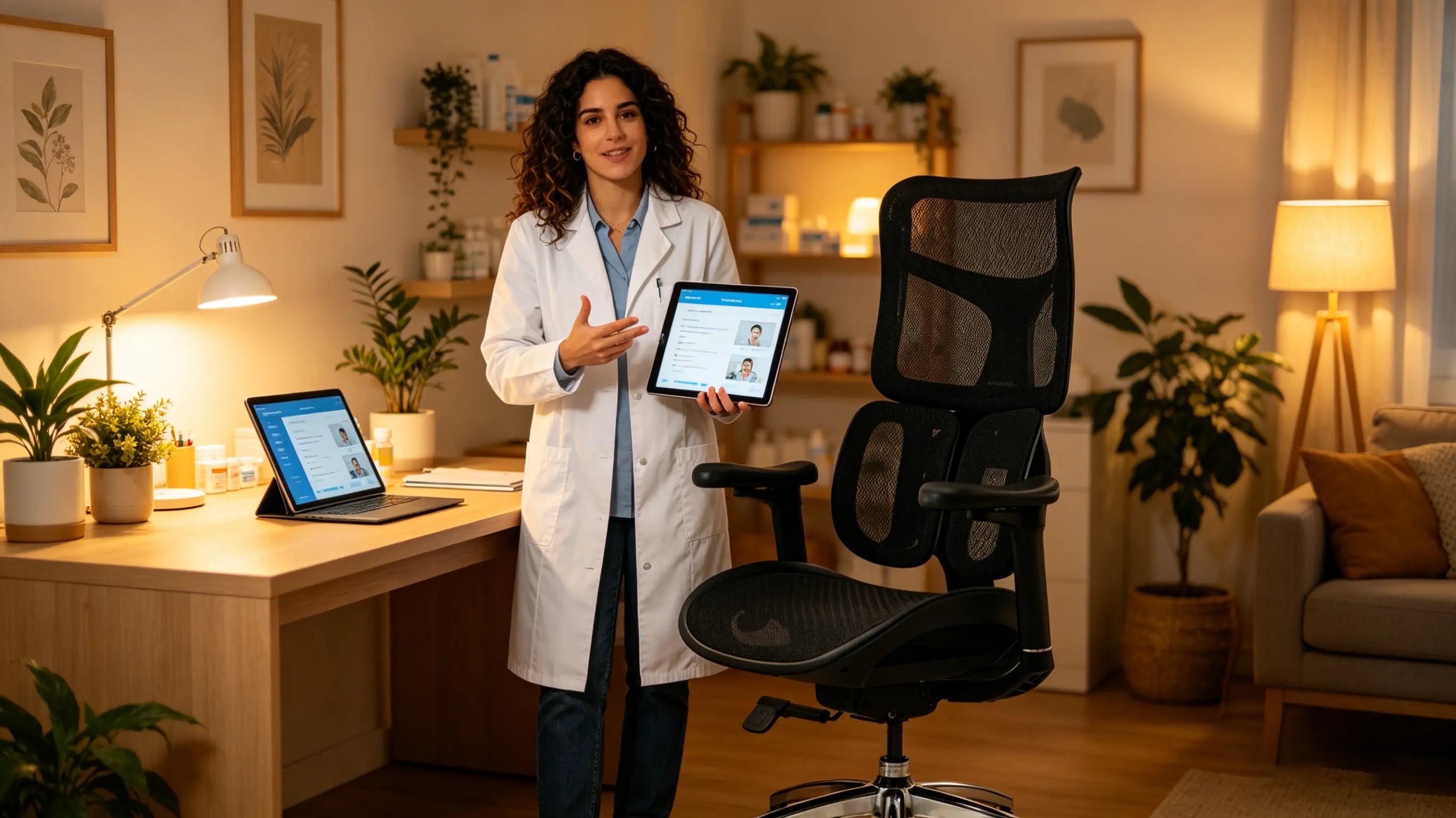 Lucía realizando una videoconsulta farmacéutica sentada en su silla escritorio ergonomica Ergo Select en Segovia