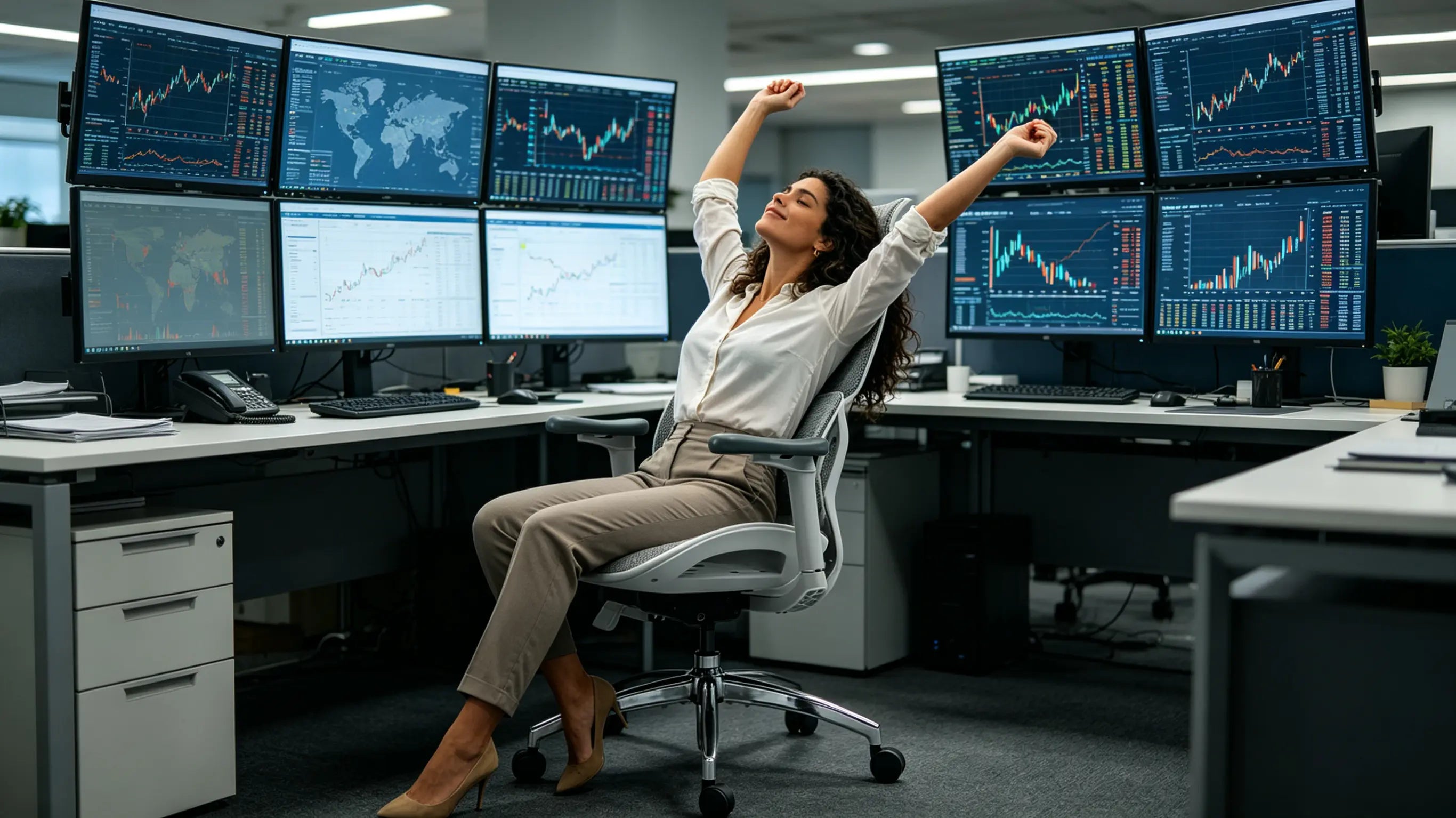 Marta analizando gráficos financieros sentada en una de las mejores sillas de oficina ergonómicas de Ergo Select en Madrid.