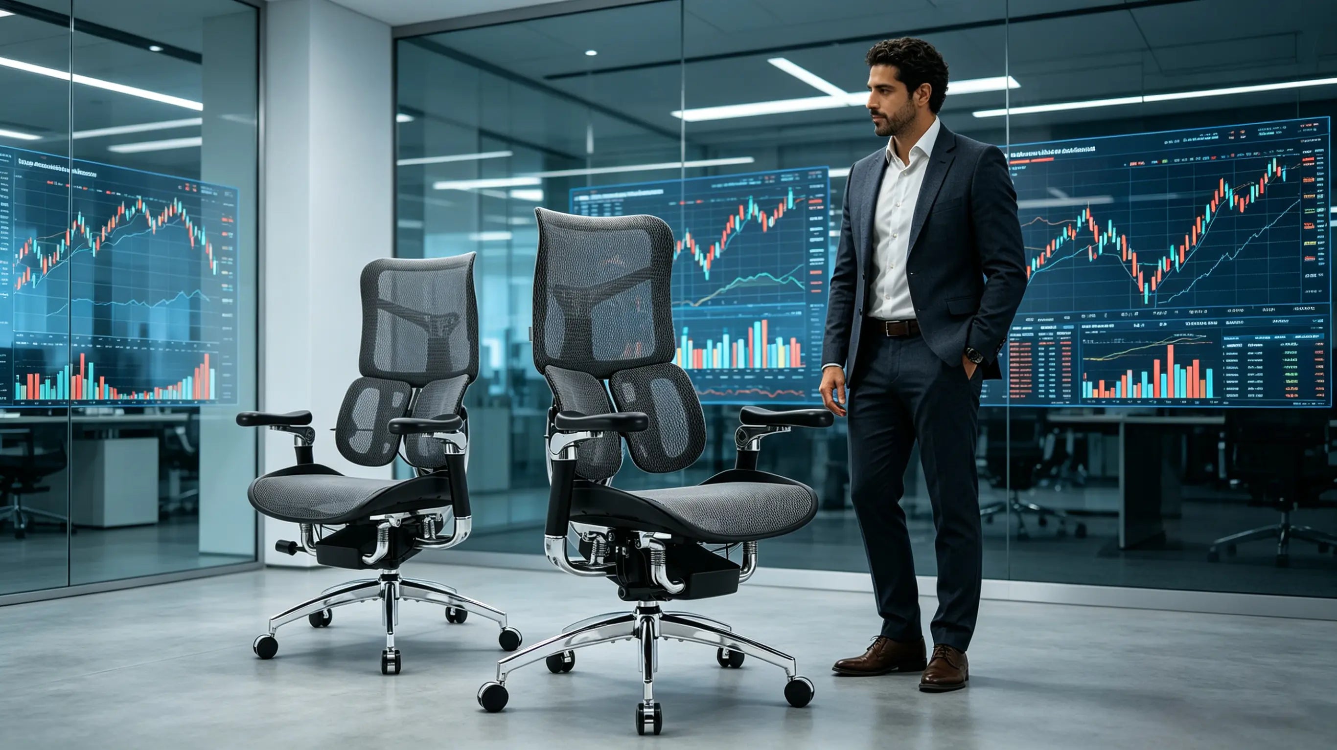 Marta analizando gráficos financieros sentada en una de las mejores sillas de oficina ergonómicas de Ergo Select en Madrid.
