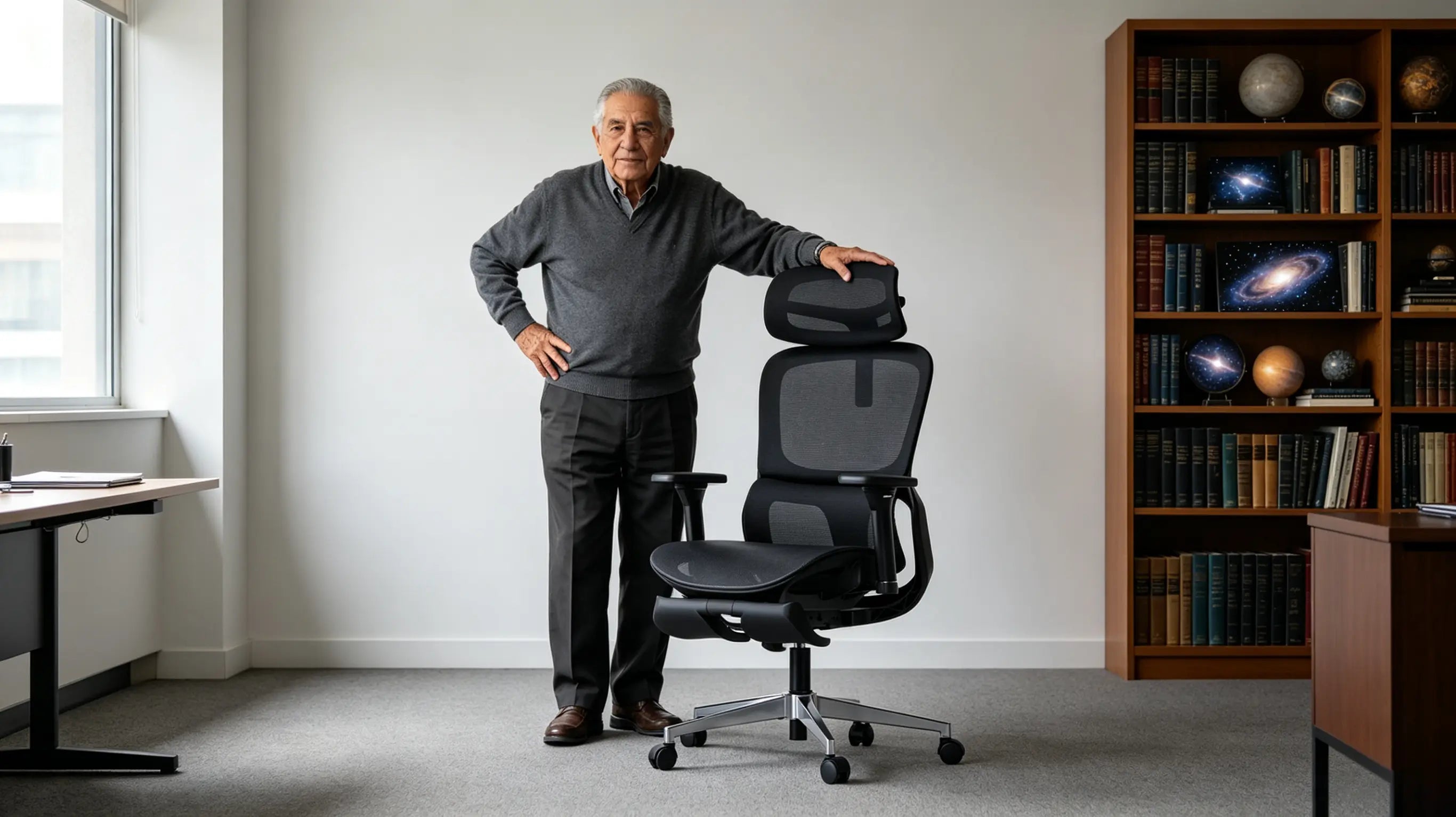 Don Alberto, astrofísico emérito de 79 años, analizando imágenes de galaxias en su silla de oficina ergonómica Ergo Select en su estudio de Madrid.