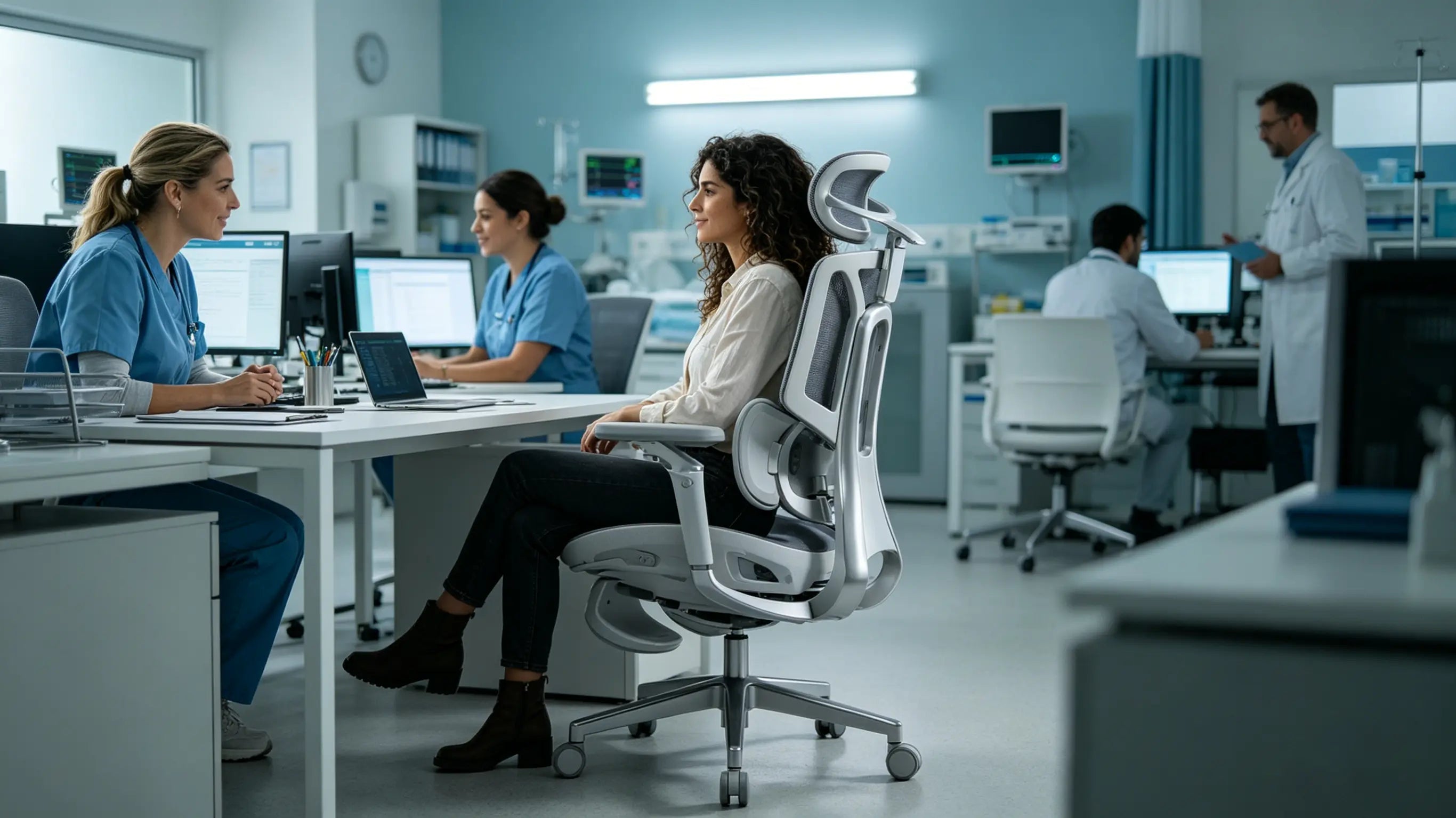 Ajuste de precisión del soporte lumbar dinámico en la silla de escritorio ergonómica Ergo Select.