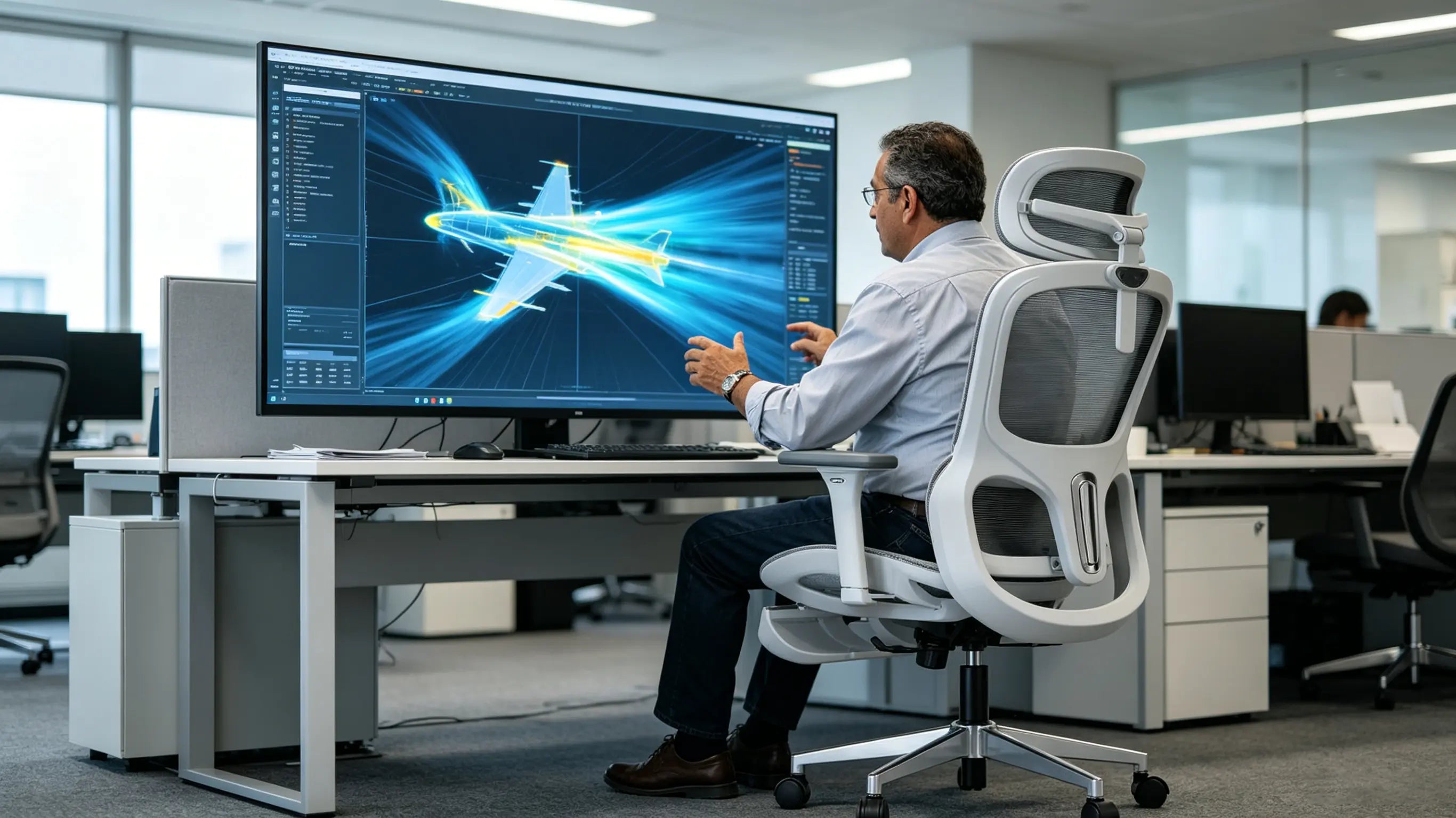 Don Augusto, ingeniero aeroespacial de 57 años, analizando simulaciones de flujo aerodinámico en su estudio de Madrid, sentado en su silla ergonómica de oficina Ergo Select.