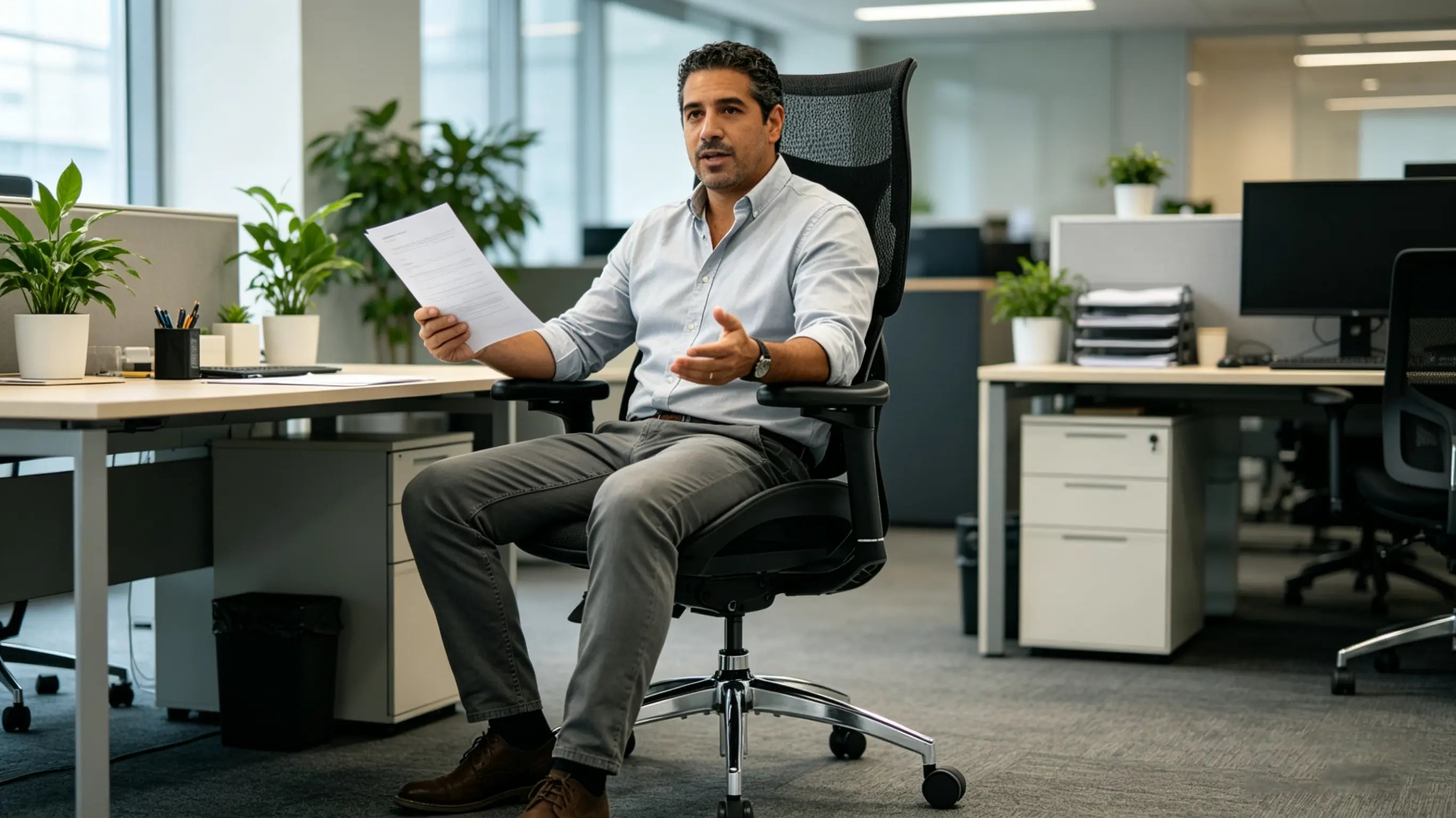 Andrés calculando el retorno de inversión sentado en su silla ergonómica de Ergo Select en Bilbao