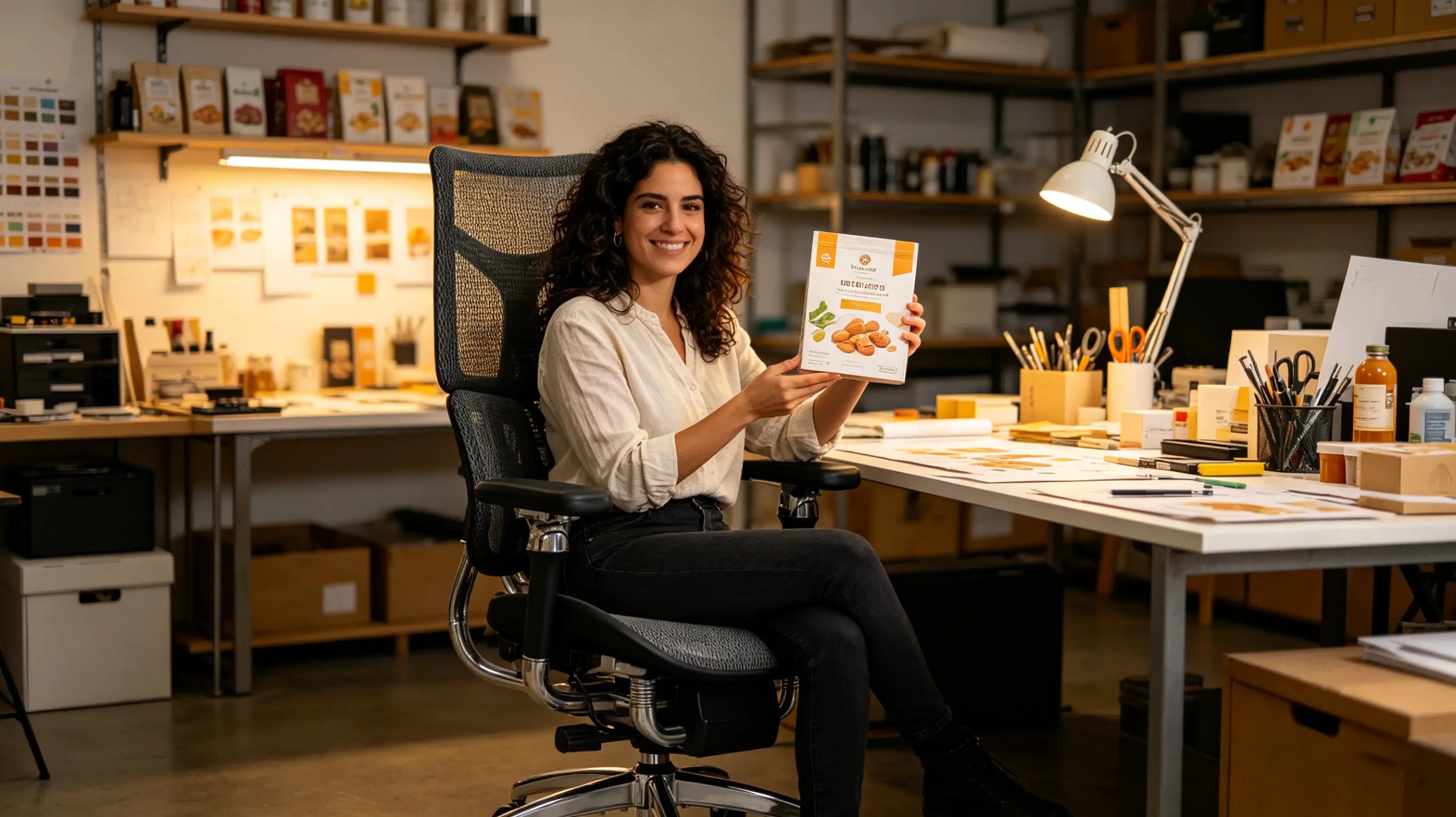 Elena trabajando en el diseño de un empaque sentada en una de las mejores sillas de oficina calidad precio de Ergo Select en Girona.