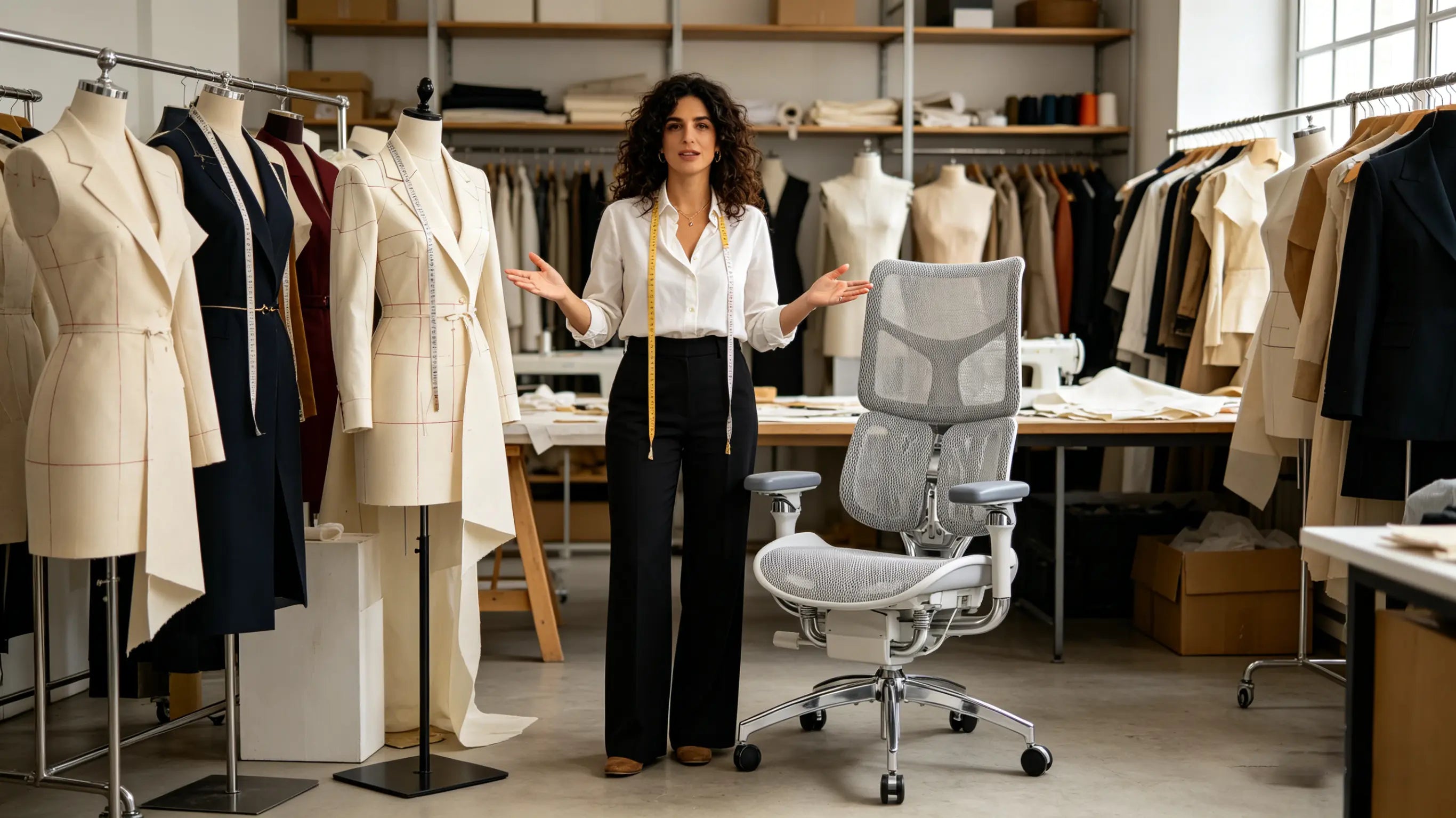 Elena reviewing textile patterns while sitting on the best ergonomic office chairs from Ergo Select in Granada.