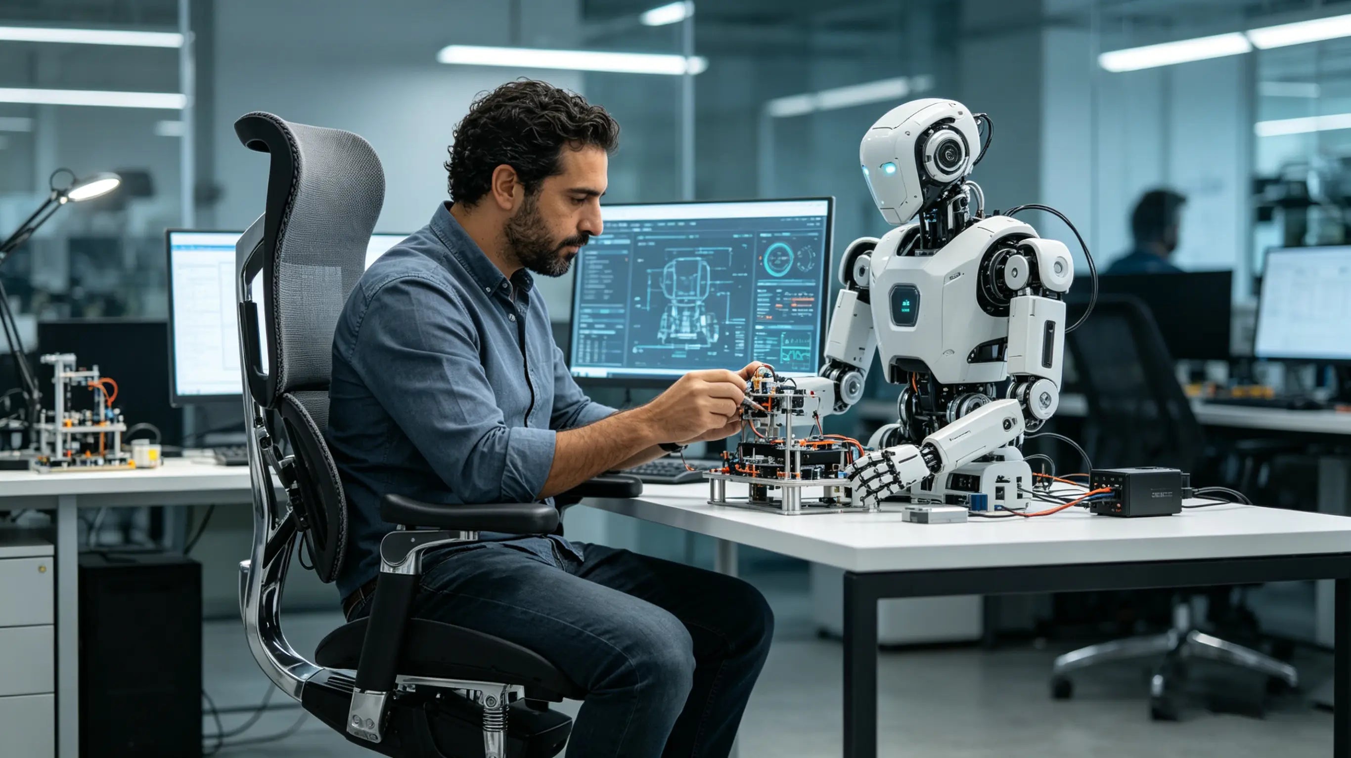 Bruno examining robotic prototypes while sitting on the best ergonomic office chairs from Ergo Select in Valladolid.