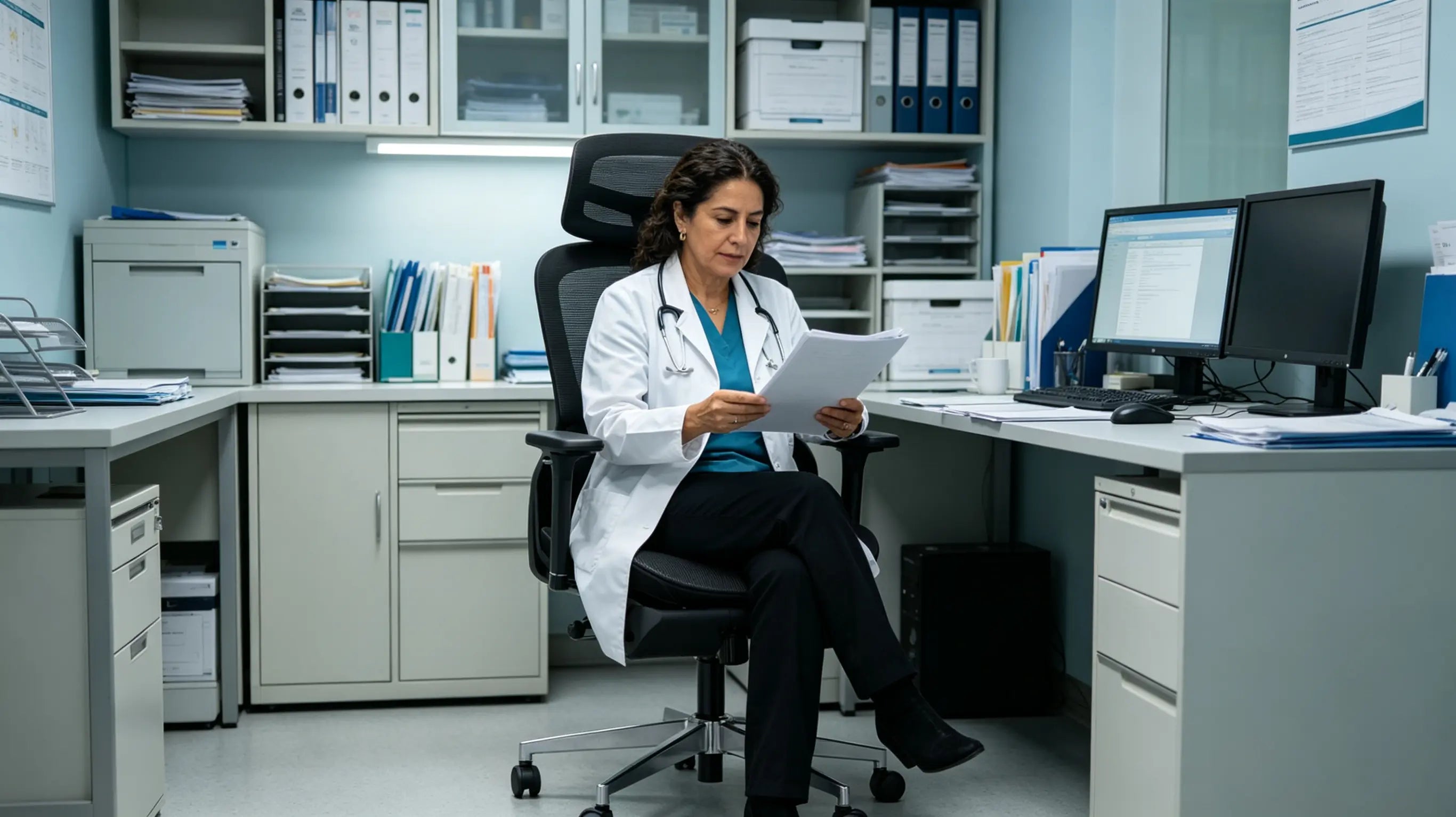 Doña Carmen, directora médica de 48 años, revisando historiales clínicos en su silla Ergo Select en Valencia.