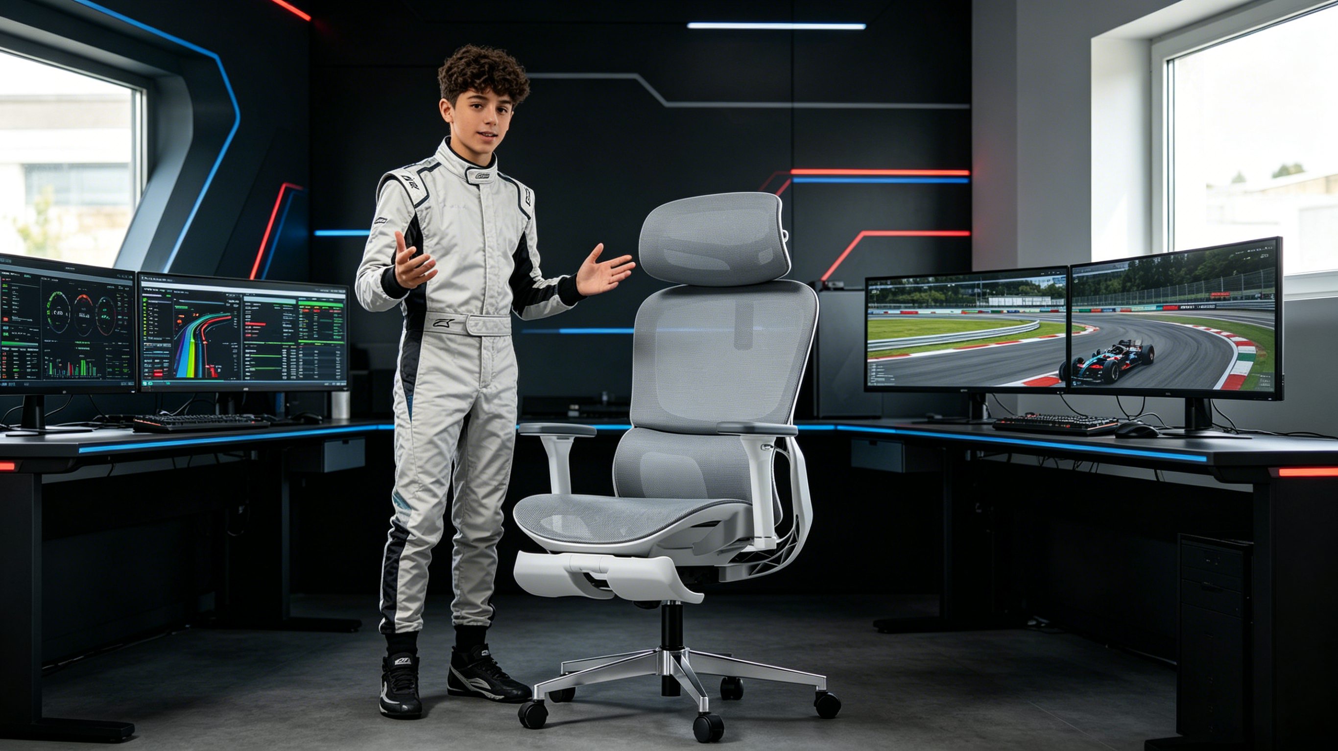 Hugo, un joven piloto de SimRacing de 14 años, analizando datos de telemetría sentado en su silla ergonómica de oficina Ergo Select en Barcelona.