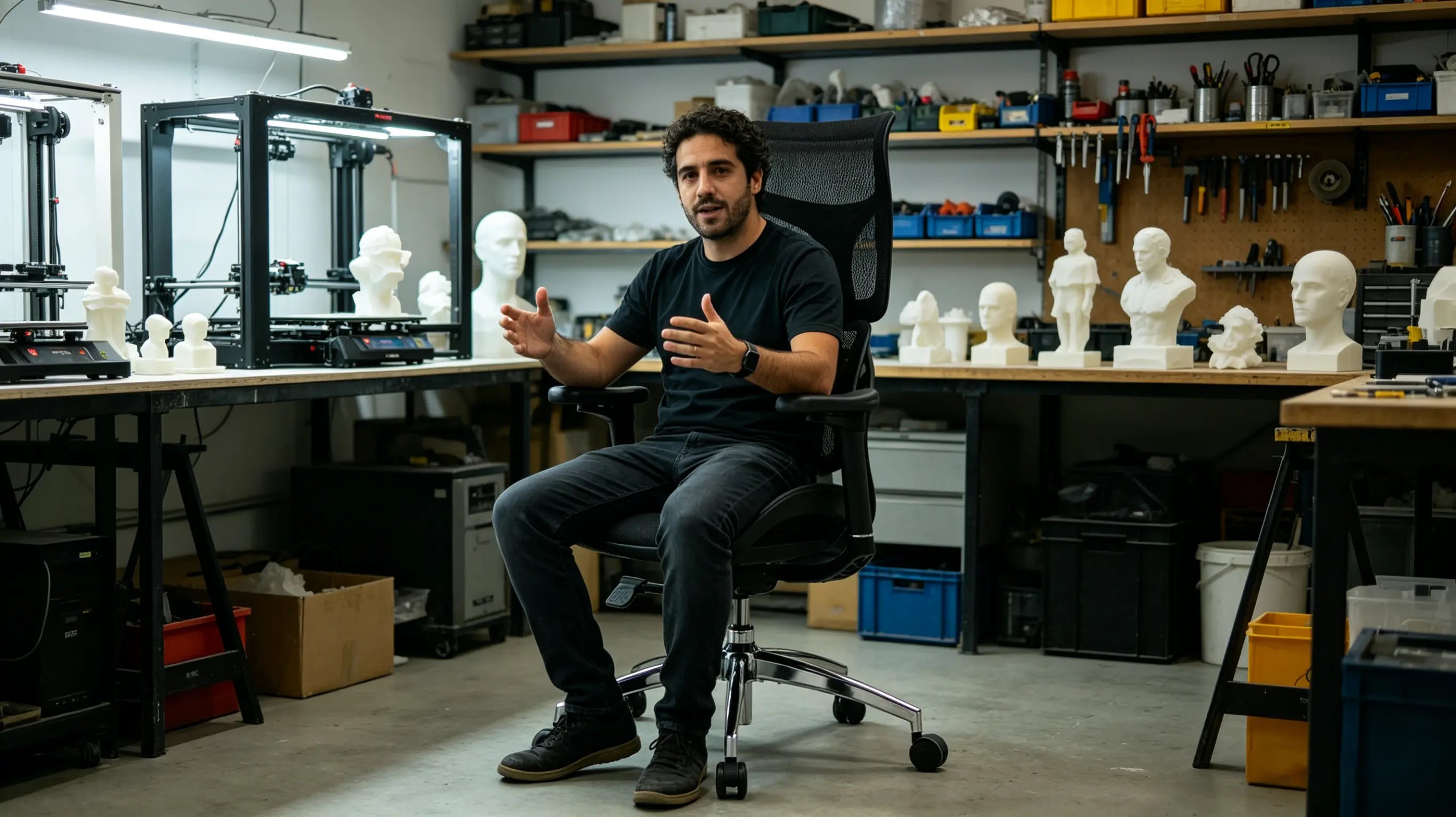 Mateo ajustando una impresora 3D sentado en una de las mejores sillas de oficina de Ergo Select en su taller de Canarias.