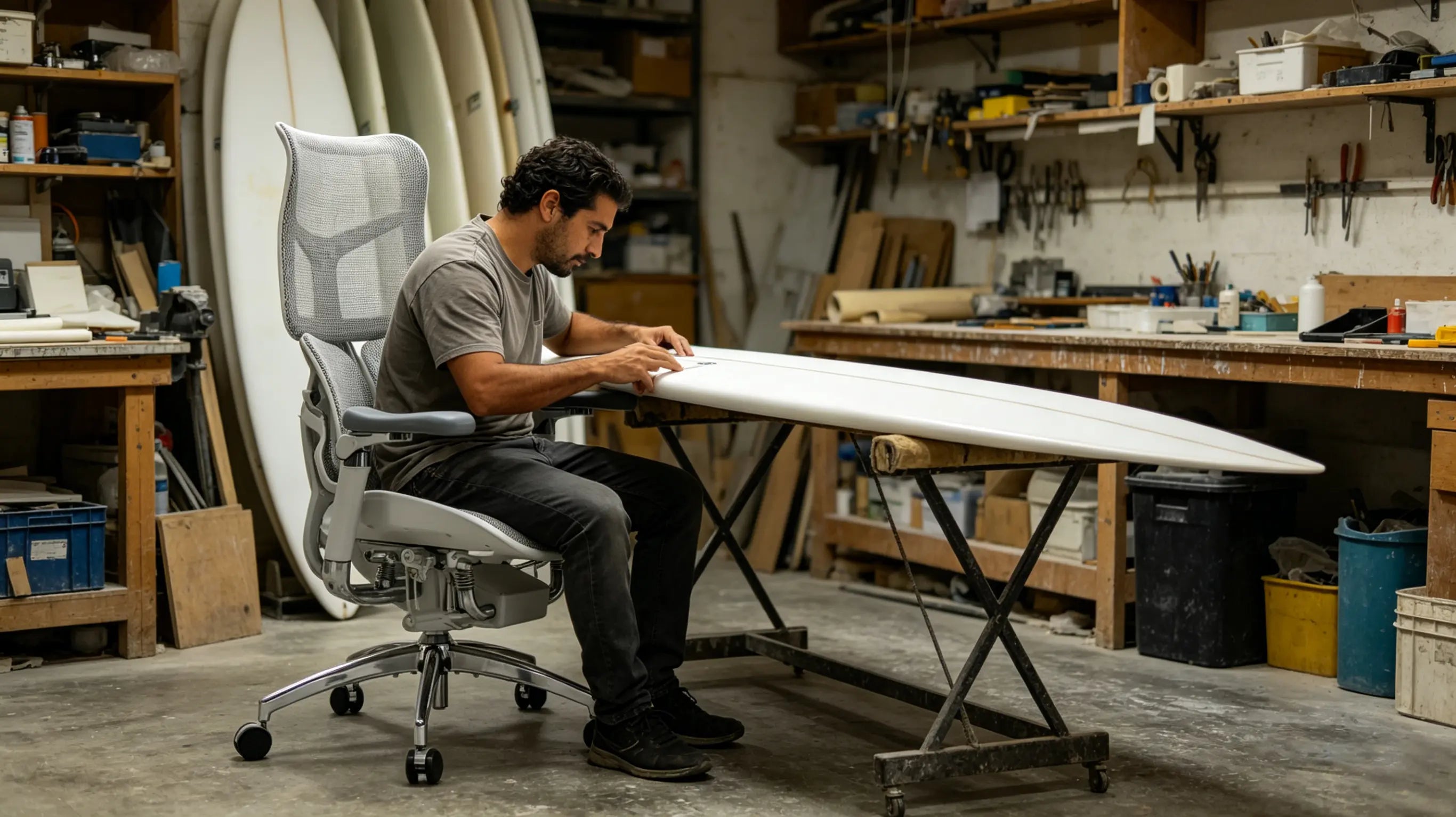Eneko revisando los contornos y formas de una tabla de surf sentado en su nueva silla de Ergo Select en San Sebastián.