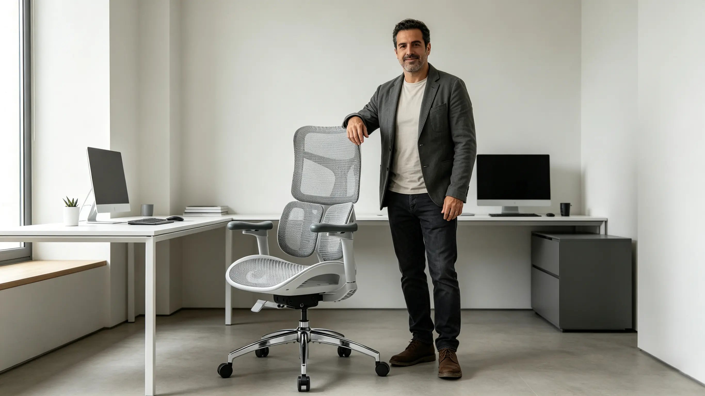 Andrés revisando las especificaciones antes de comprar silla escritorio para su nuevo despacho en Bilbao.
