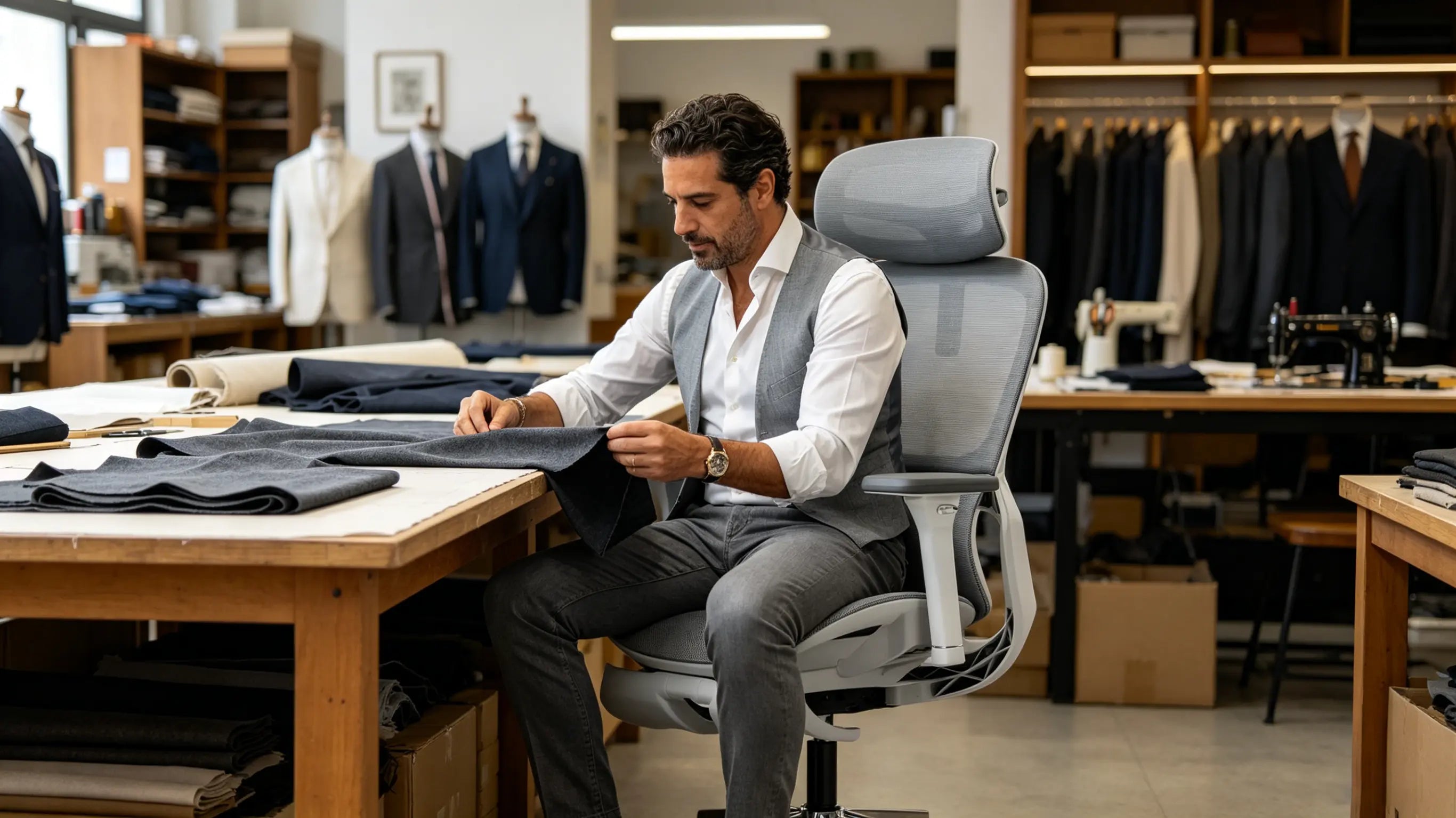 Don Mateo, maestro sastre de 46 años, examinando un paño de lana merino sobre su mesa de corte, sentado en la mejor silla de oficina ergonómica Ergo Select.