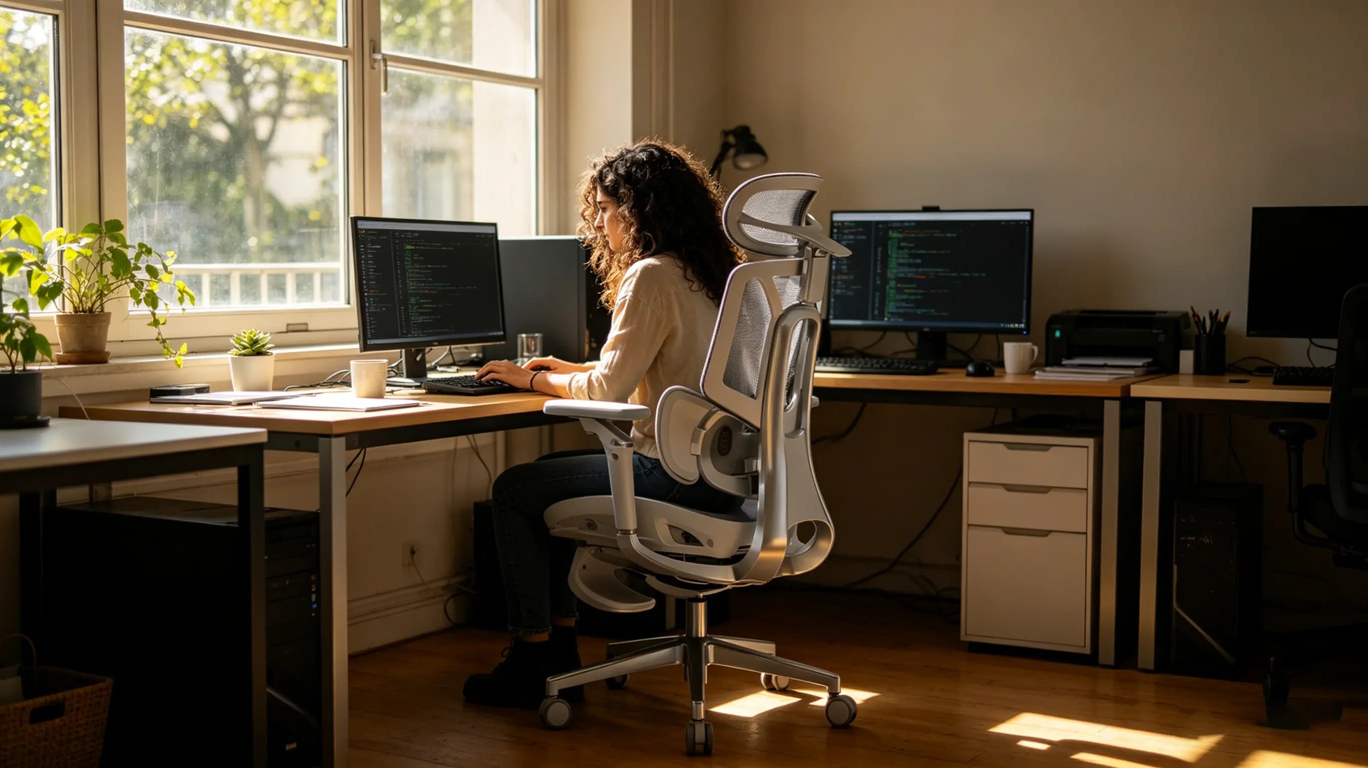 Un ingeniero SRE trabajando de noche en una de nuestras sillas oficina ergonomicas.