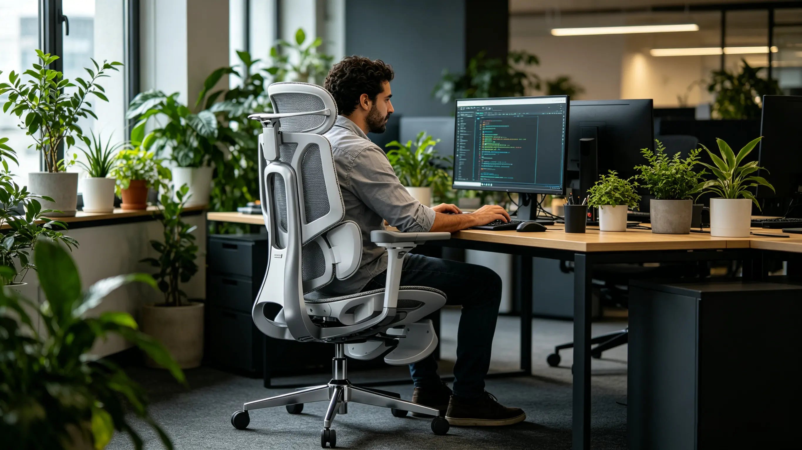 Silla ergonomica profesional integrada en un entorno de monitorización de alta carga.