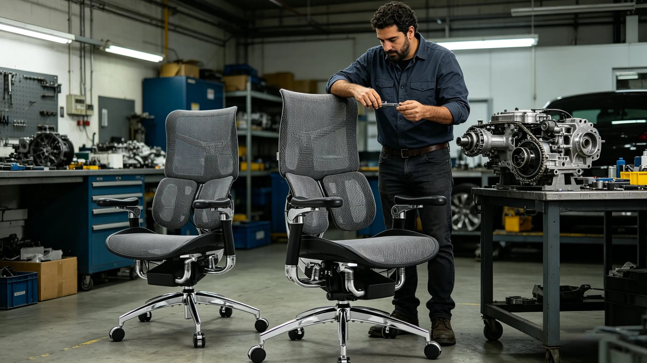 Martín analizando componentes mecánicos sentado en una de las mejores sillas ergonómicas de Ergo Select.