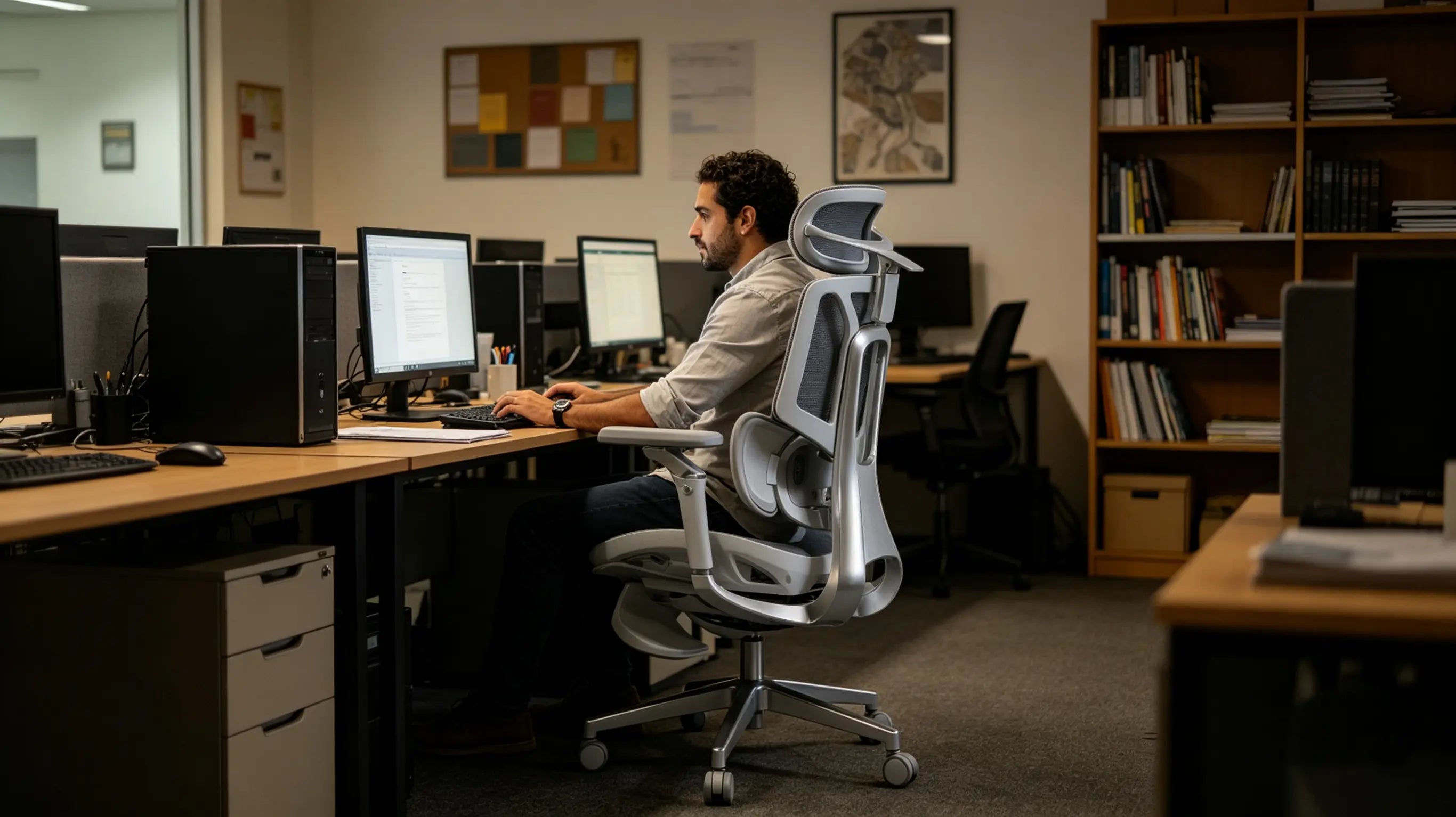 Cluster de sillas de oficina ergonomicas configuradas para un equipo de ingeniería de software