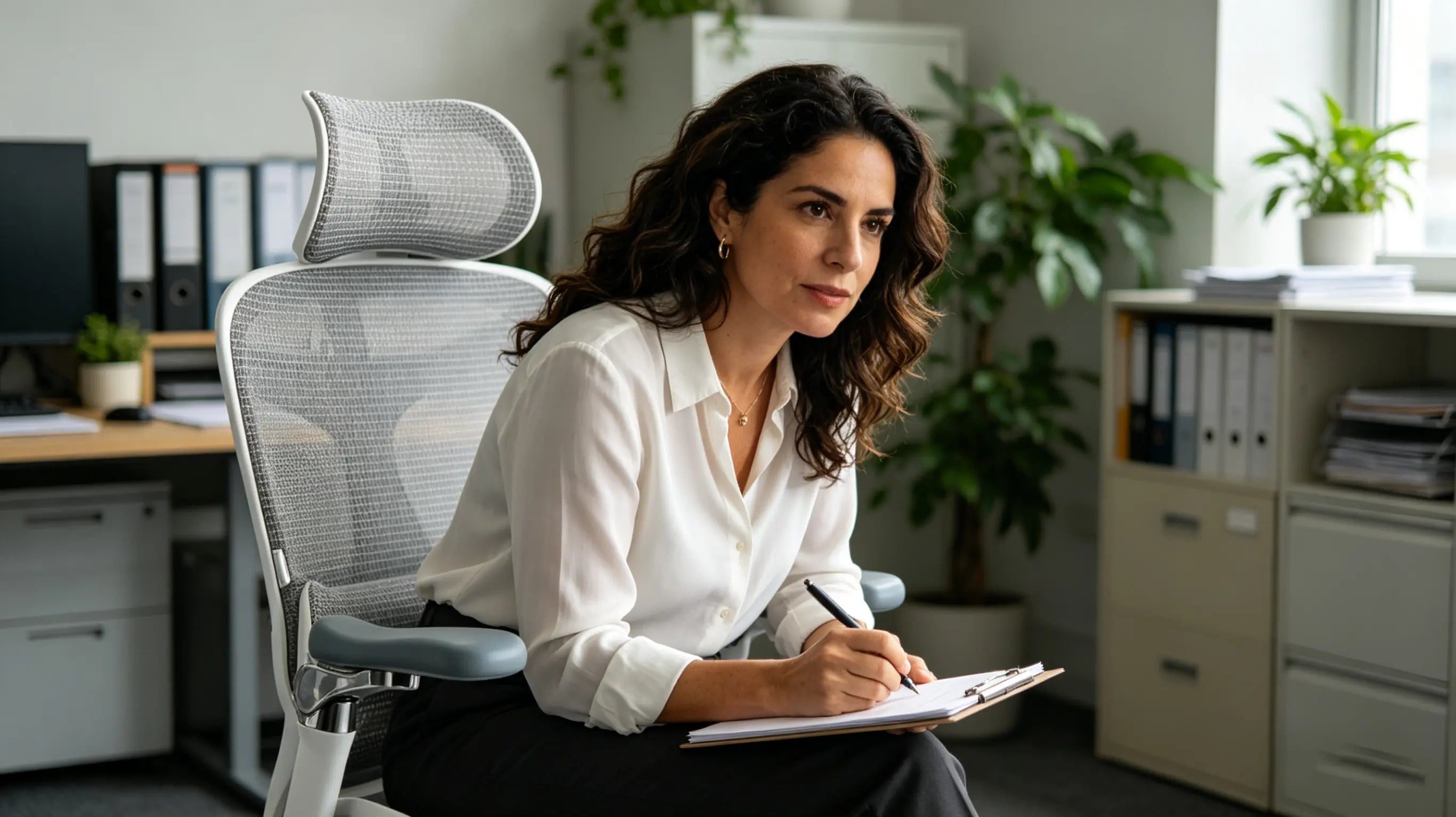 Clara realizando una entrevista online sentada en su silla escritorio ergonomica Ergo Select