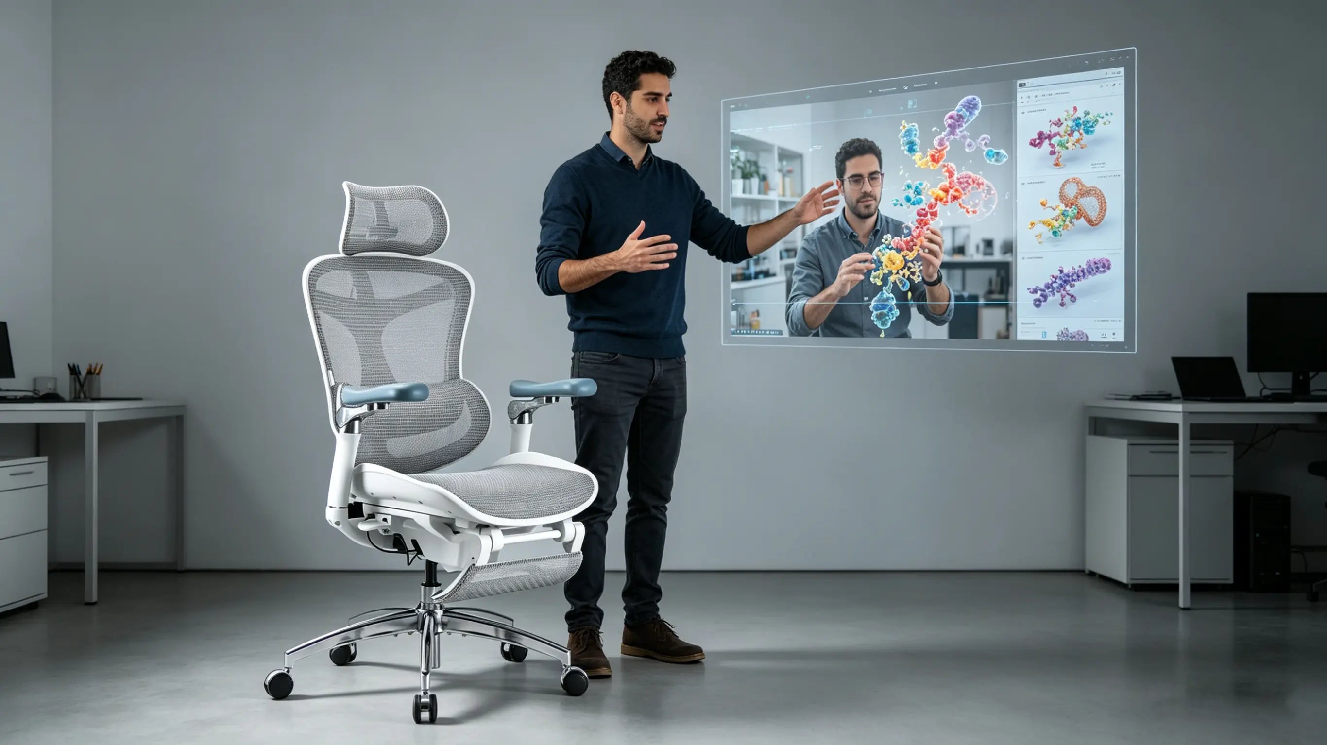 Nacho modelando estructuras moleculares complejas sentado en su silla gamer ergonomica Ergo Select en Mallorca