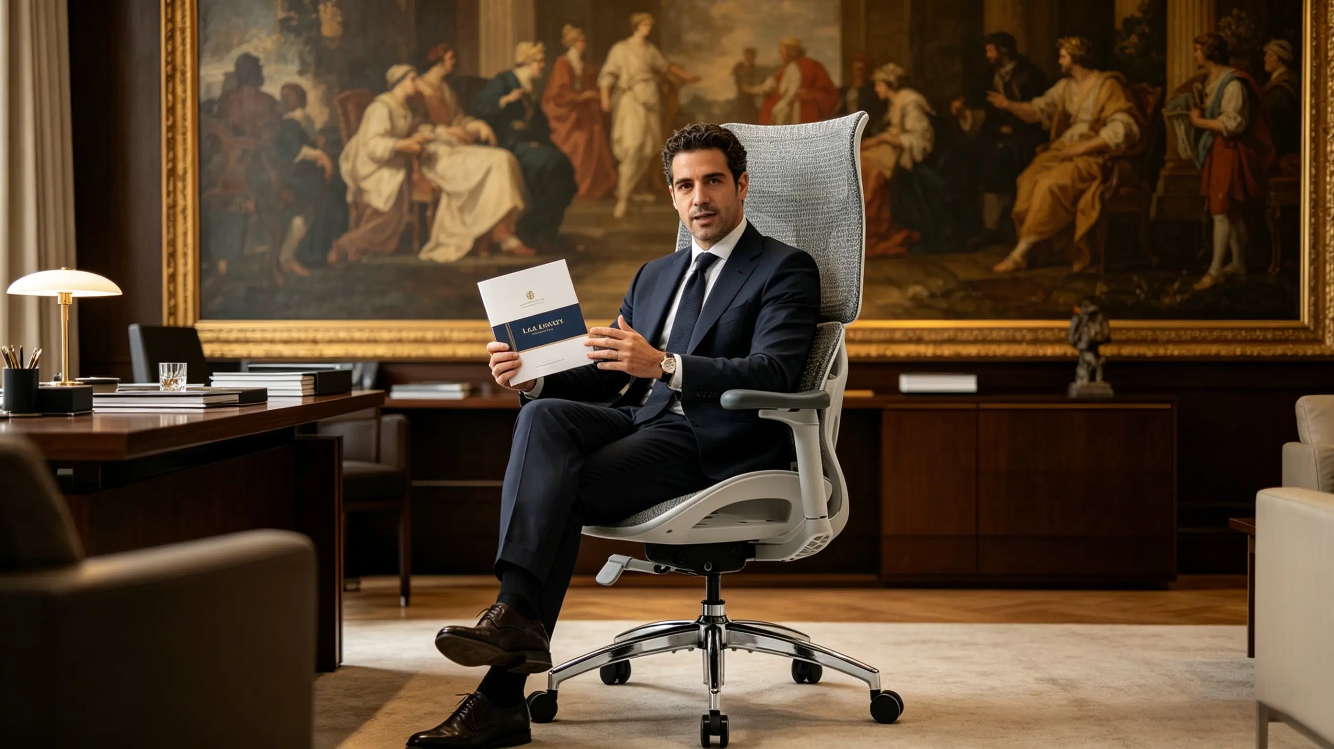 Diego revisando un caso legal sentado en su silla ergonomica despacho Ergo Select en el centro de Madrid
