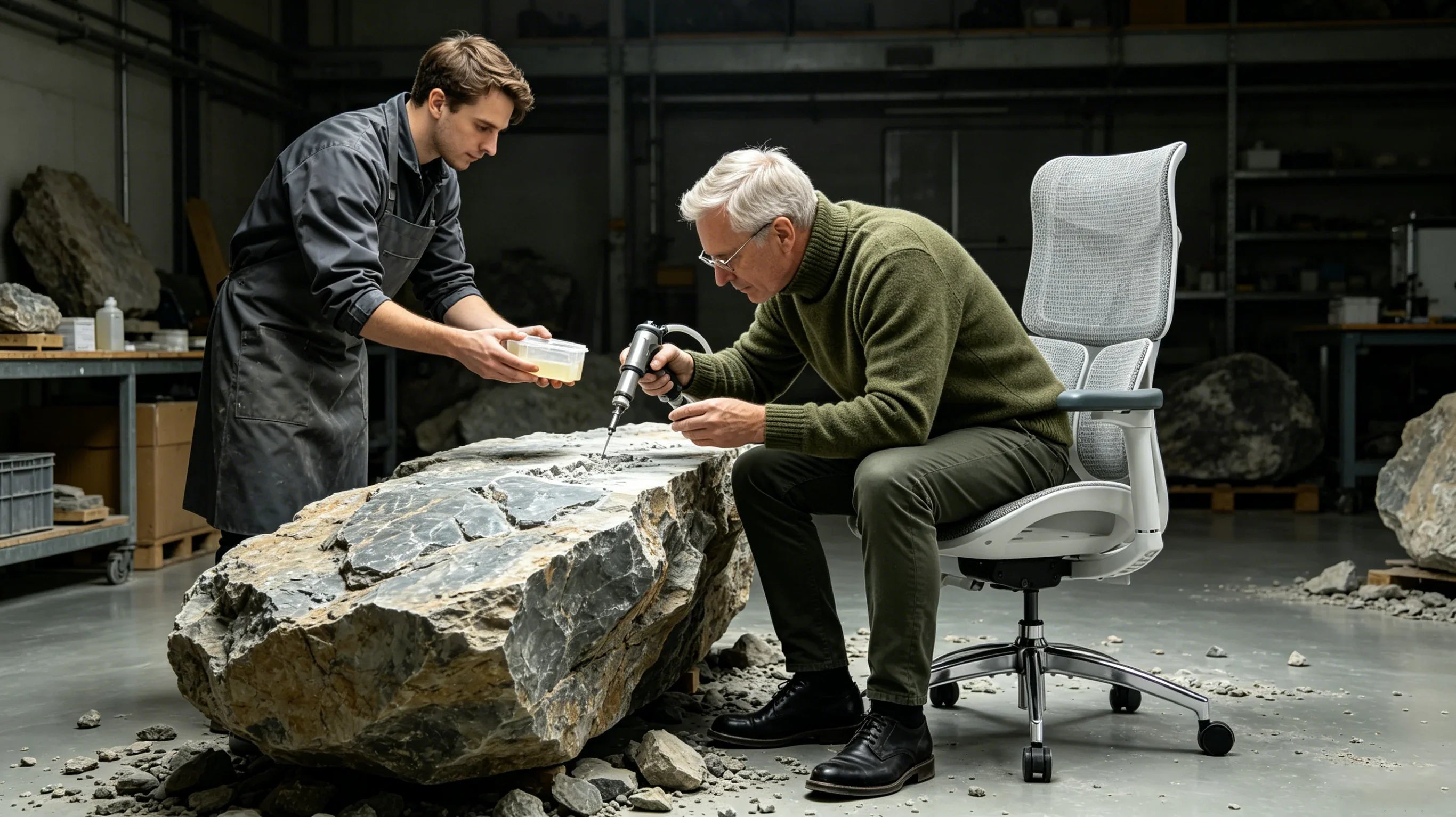 Full body shot of Jonas, a Caucasian paleontologist, sitting deeply in the [chair comfortable office] inside a fossil preservation lab, complete body visual from head to toe.