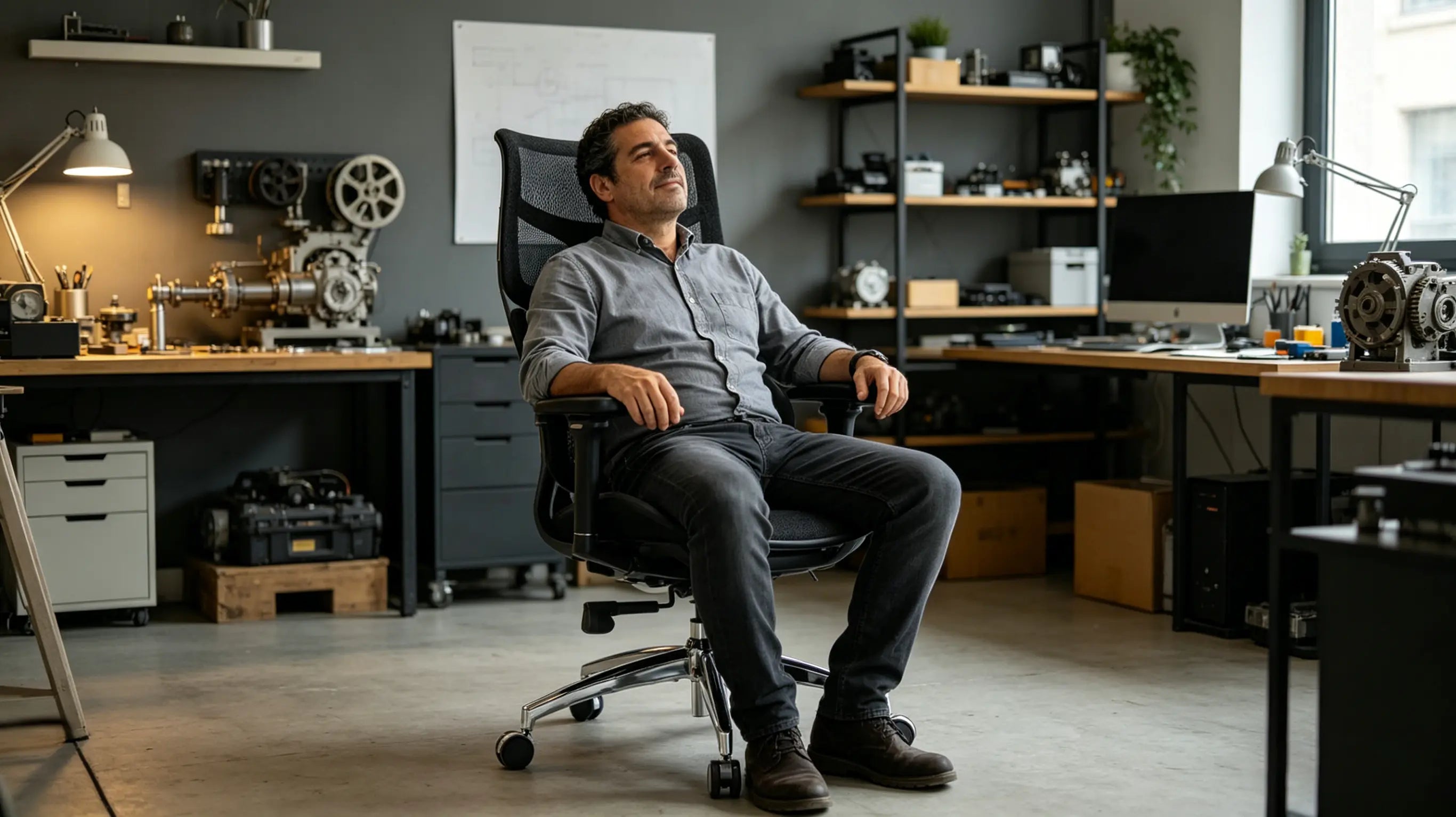 Andrés analizando el diseño técnico de una de nuestras sillas de oficina ergonomicas en su estudio de Bilbao.