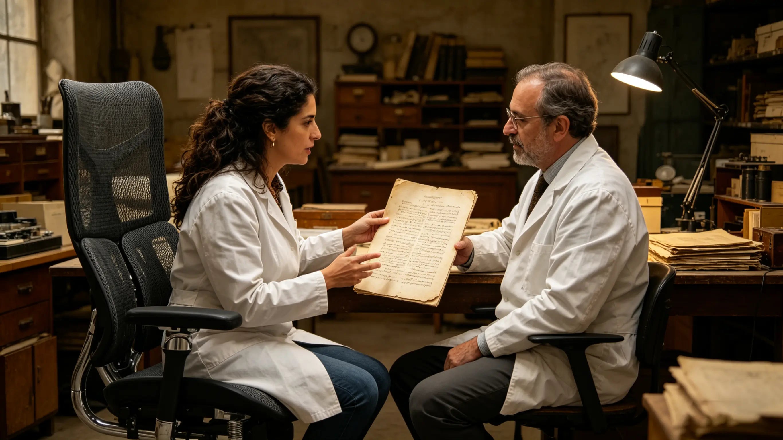 Elena revisando un manuscrito antiguo sentada en la mejor silla de oficina de Ergo Select.