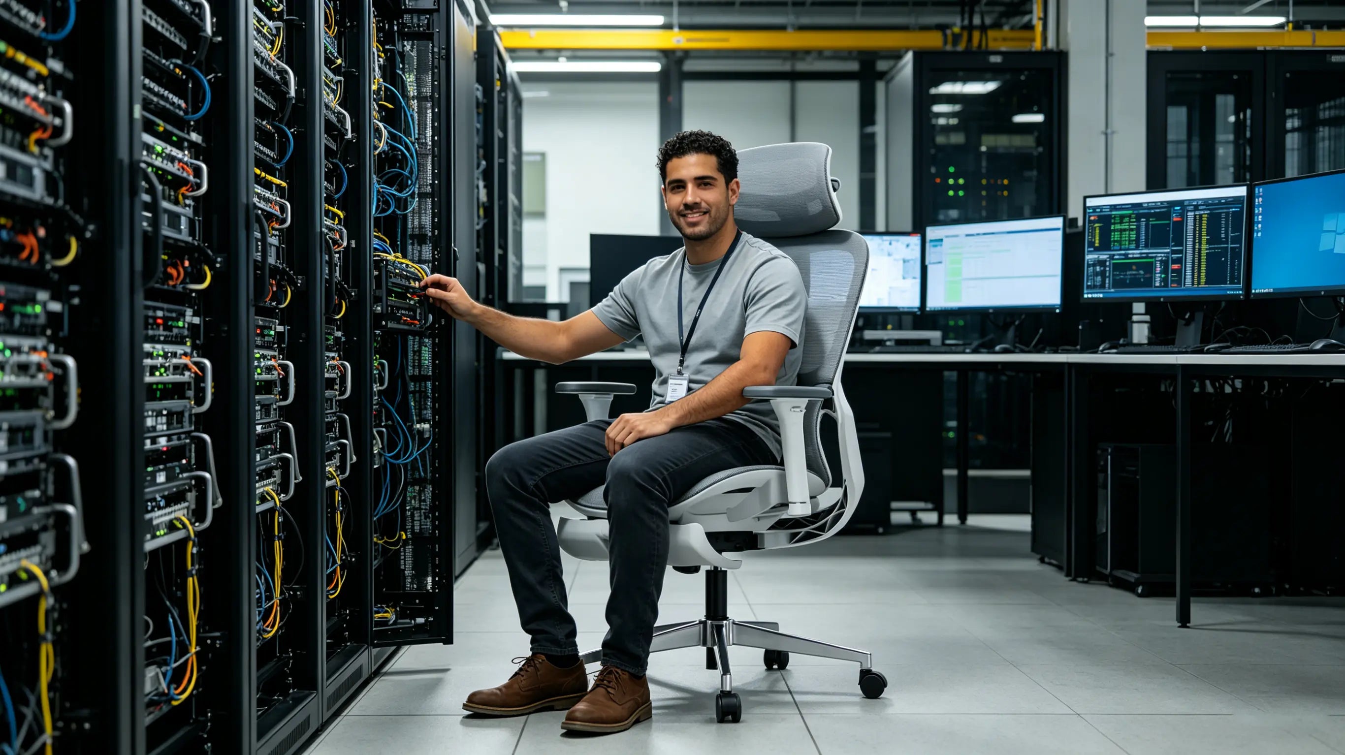 Don Sergio, ingeniero de fiabilidad de sitios (SRE) de 31 años, monitorizando clústeres en la mejor silla ergonómica de escritorio Ergo Select en su terminal de Barcelona.
