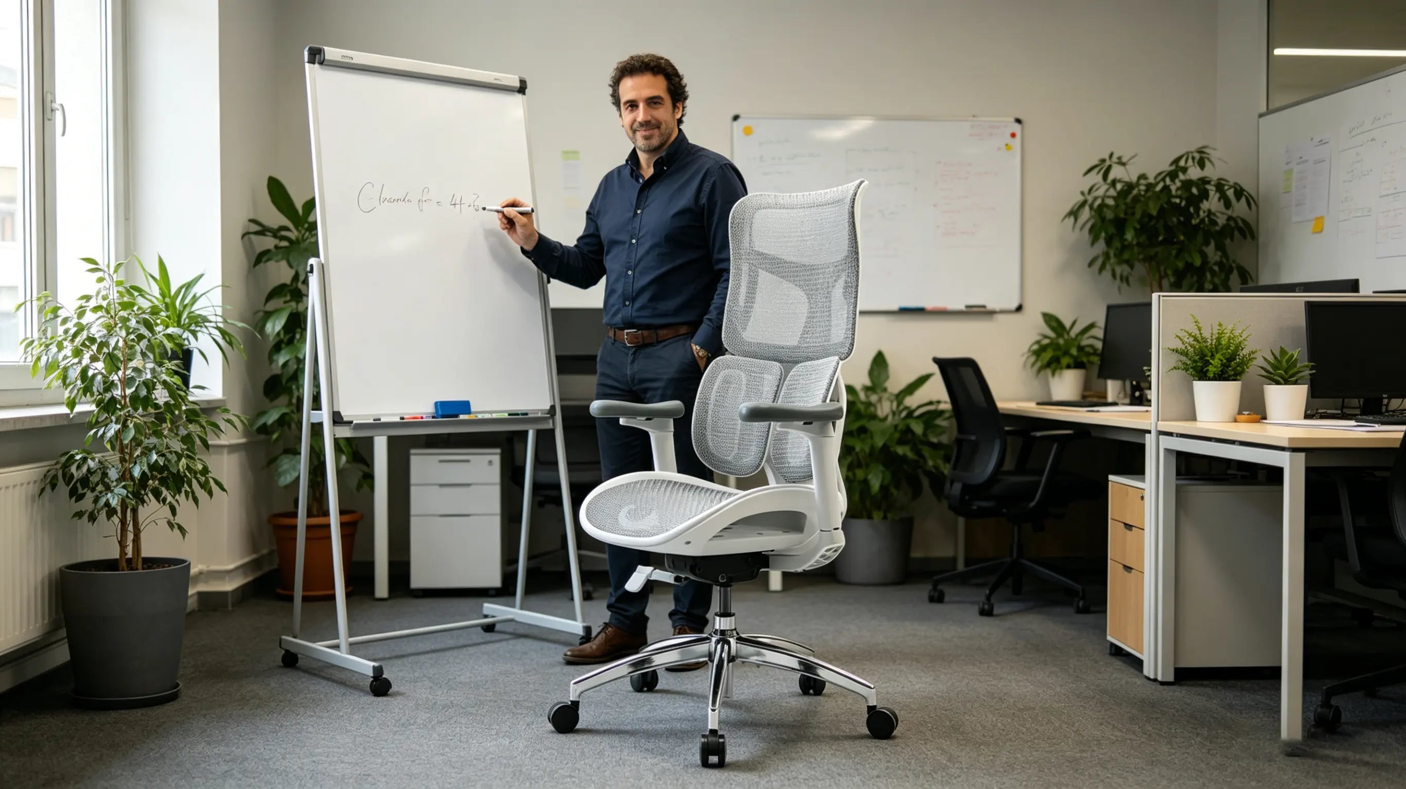 Andrés analizando planes de negocio sentado en su silla Ergo Select, considerada una de las mejores sillas de oficina por expertos en Bilbao.