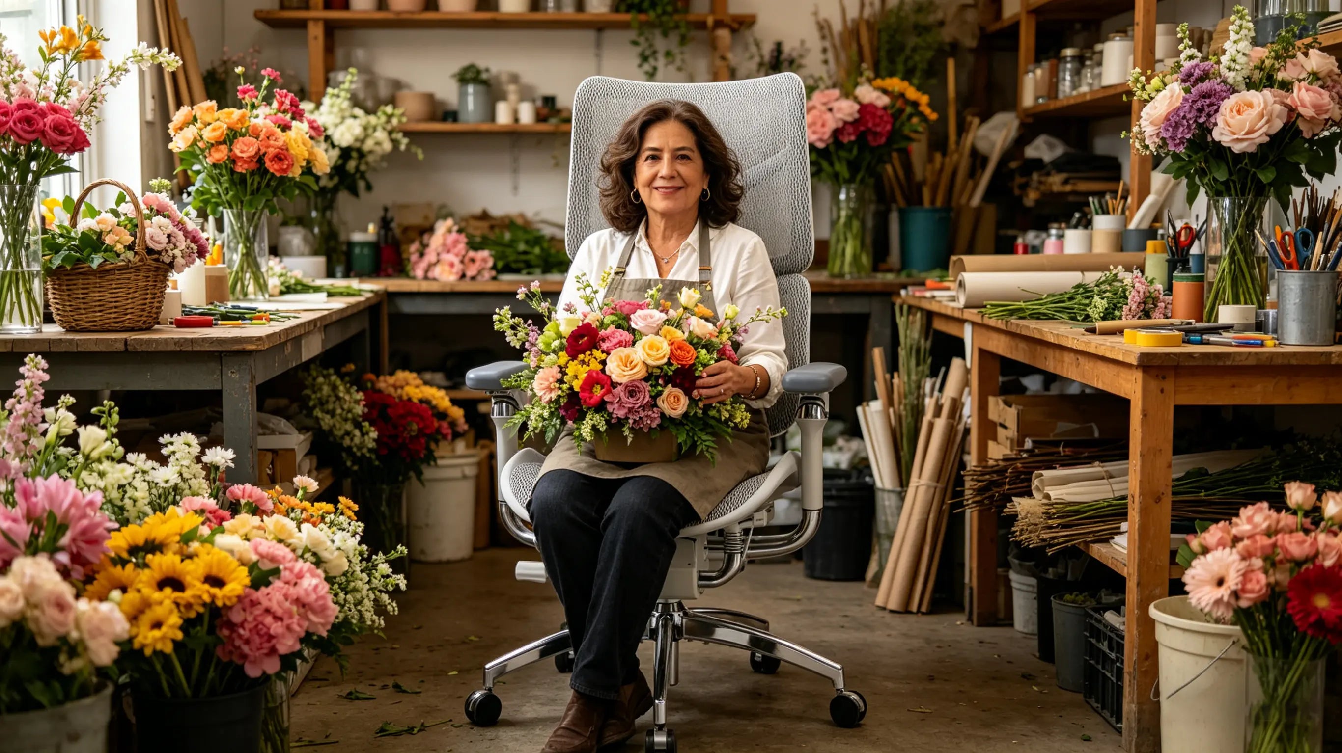 Carmen examining floral arrangements while sitting on the best ergonomic chairs from Ergo Select in Marbella