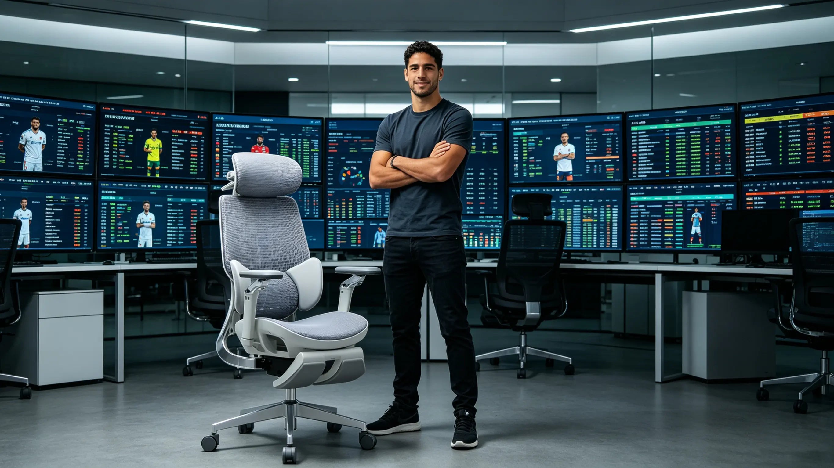 Don Sergio, un analista de rendimiento deportivo de 32 años, monitorizando datos de futbolistas sentado en su silla ergonómica Ergo Select en Madrid.