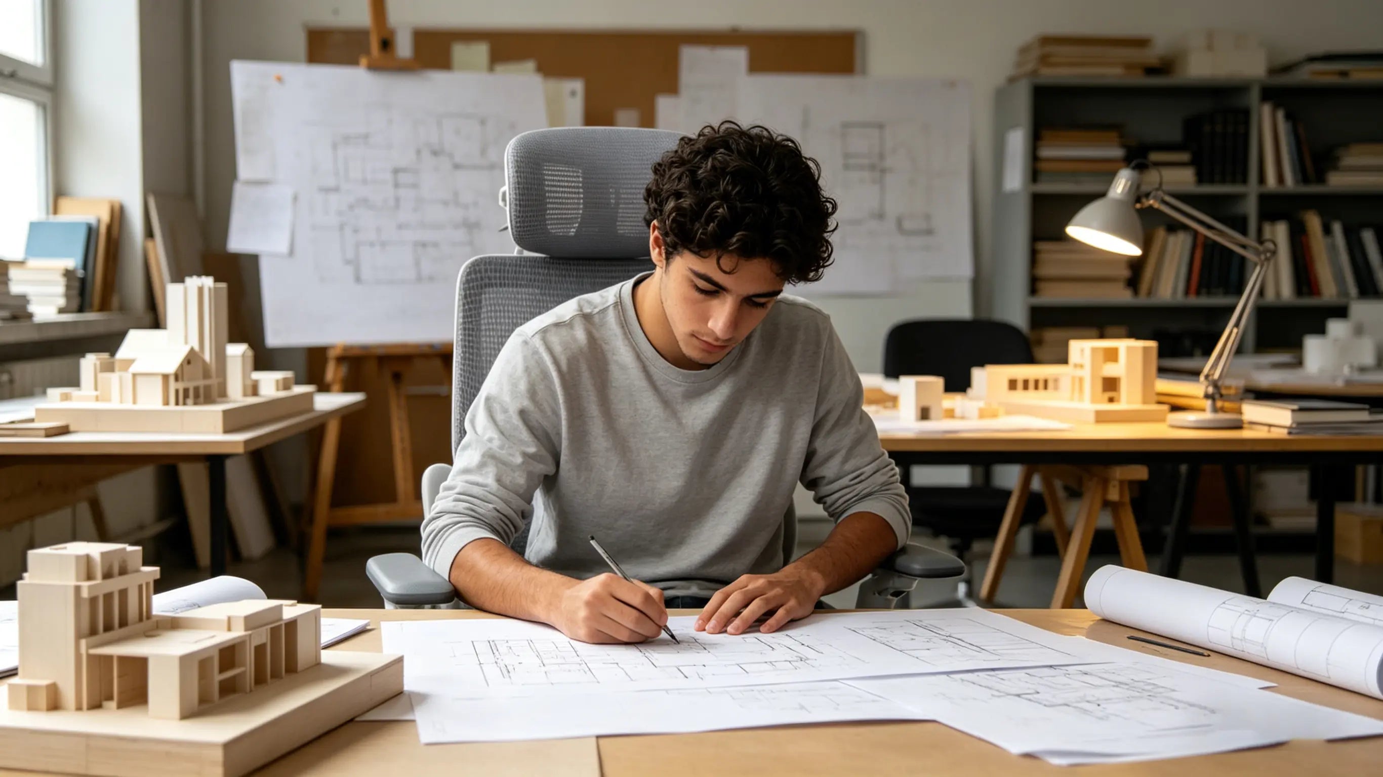 Iker, estudiante de arquitectura de 19 años, dibujando planos sentado en su silla ergonómica Ergo Select en Bilbao.