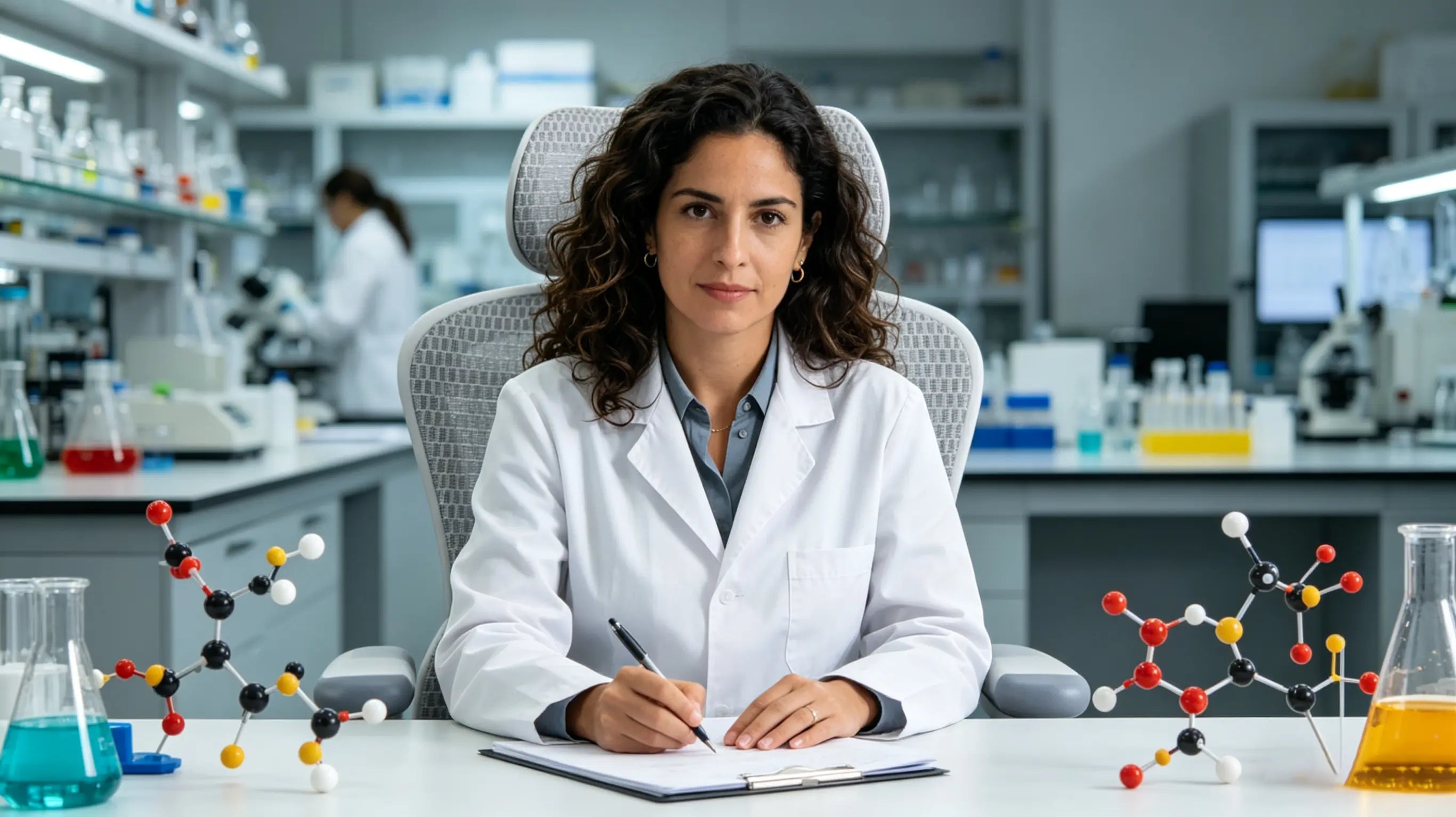 Carla analyzing molecular structures while sitting on the best ergonomic chairs from Ergo Select in Valencia.
