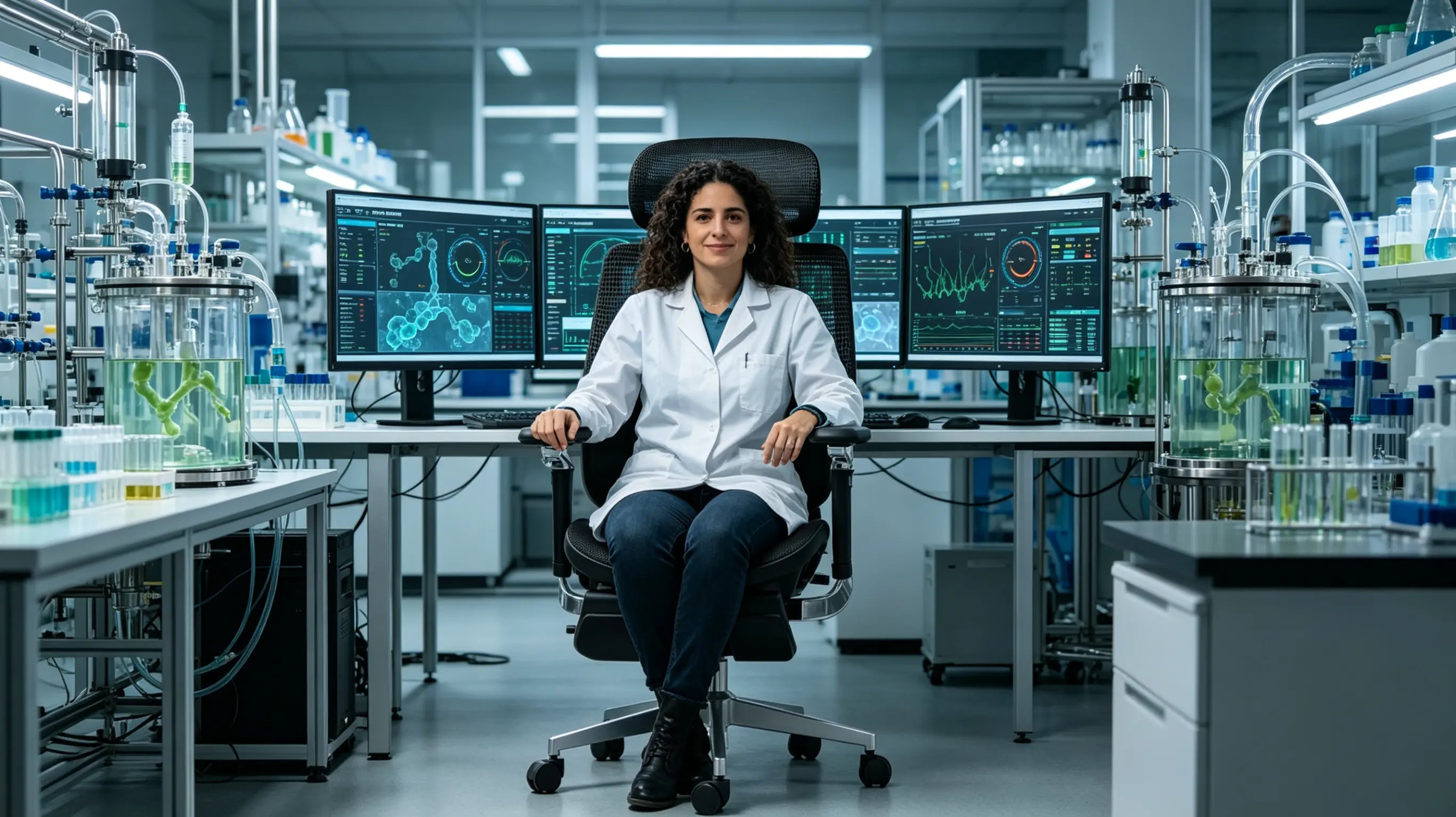 Doña Isabel, una ingeniera de procesos biofarmacéuticos de 35 años, monitorizando cultivos celulares sentada en su silla ergonómica Ergo Select en Barcelona.
