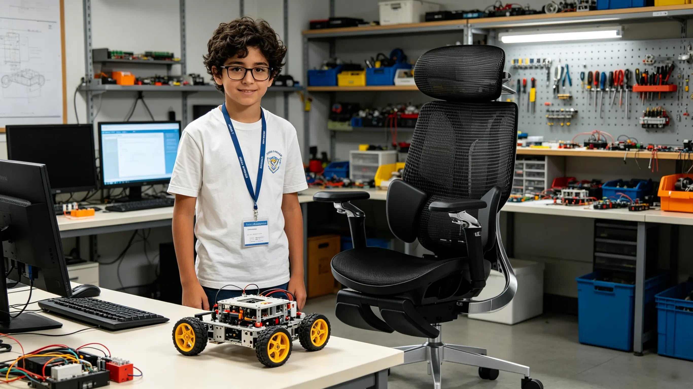 Leo, un estudiante de robótica de 11 años, ensamblando un prototipo sentado en su silla ergonómica Ergo Select en Barcelona.