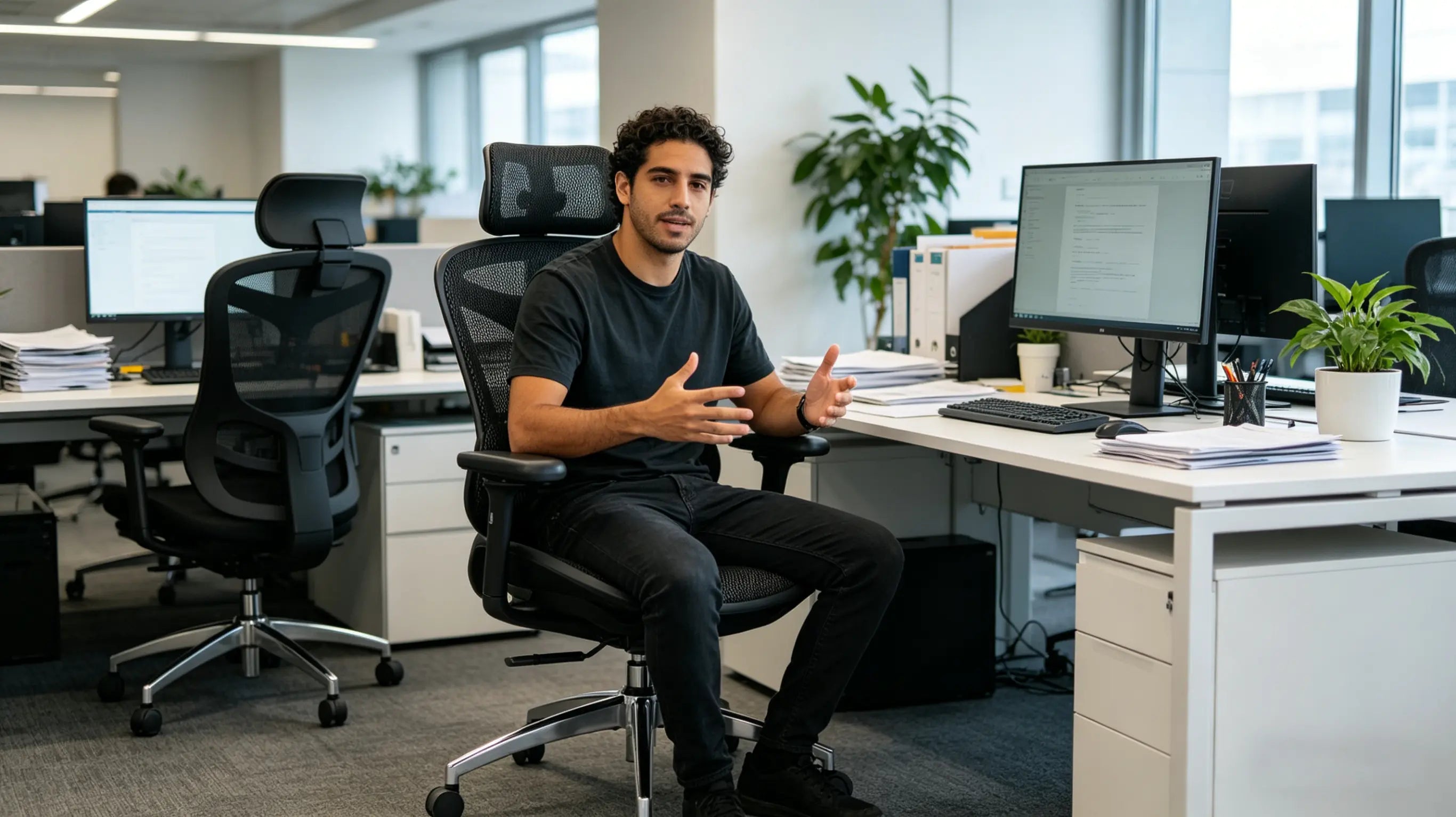 Lucas realizando auditoría de smart contracts sentado en su silla ergonómica Ergo Select en un hub tecnológico de Barcelona.