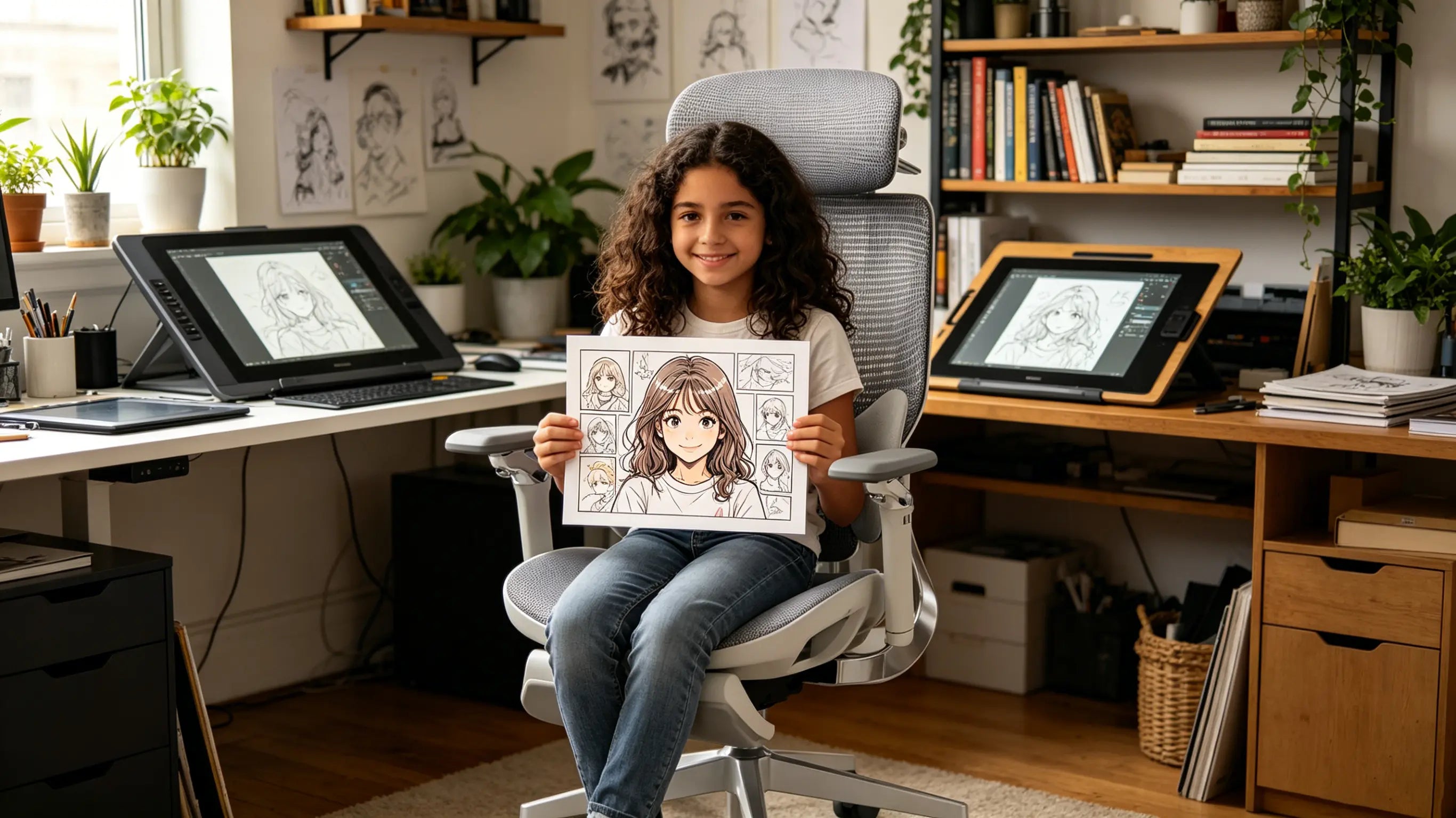 Sofía, una joven ilustradora de 12 años, dibujando en su tableta gráfica sentada en su silla ergonómica Ergo Select en Madrid.