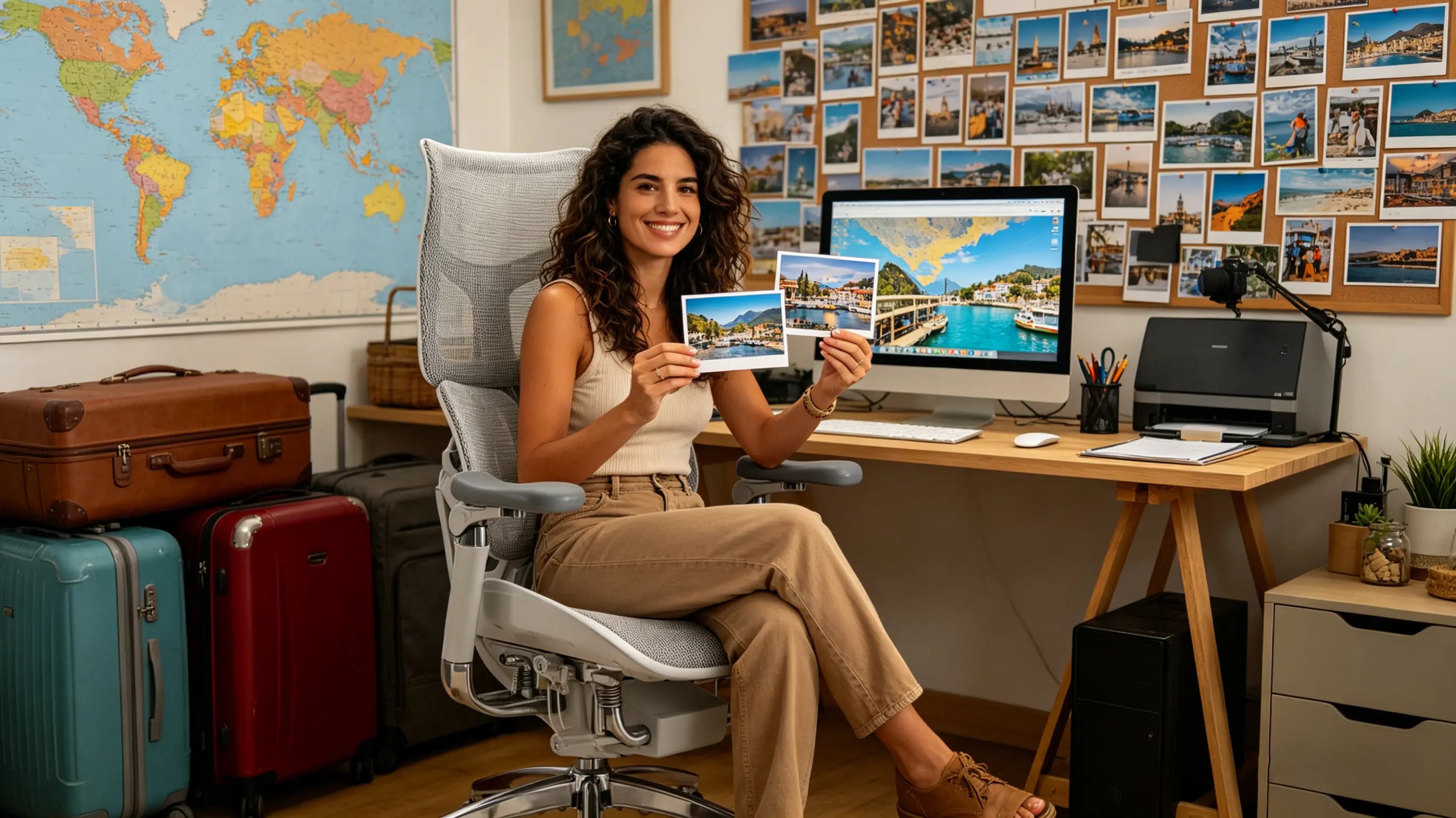 Irene editing travel articles while sitting on the best ergonomic chairs from Ergo Select in León.