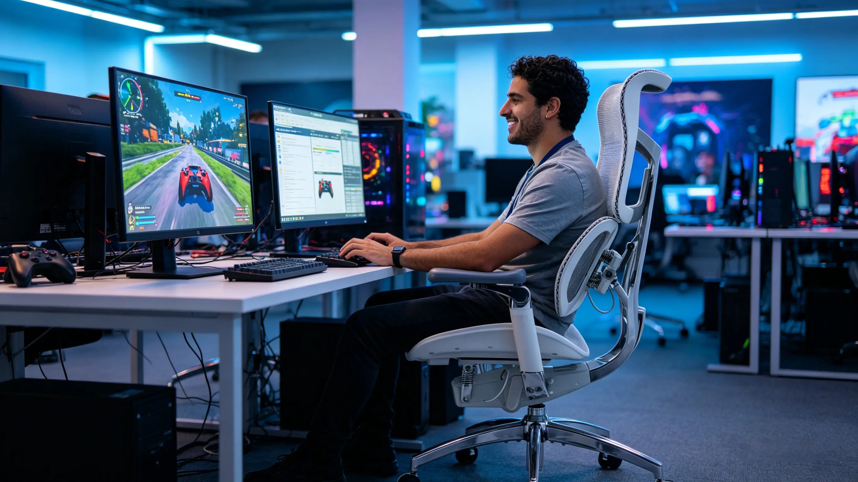 Lucas analyzing a video game build while sitting on the best ergonomic chairs from Ergo Select.