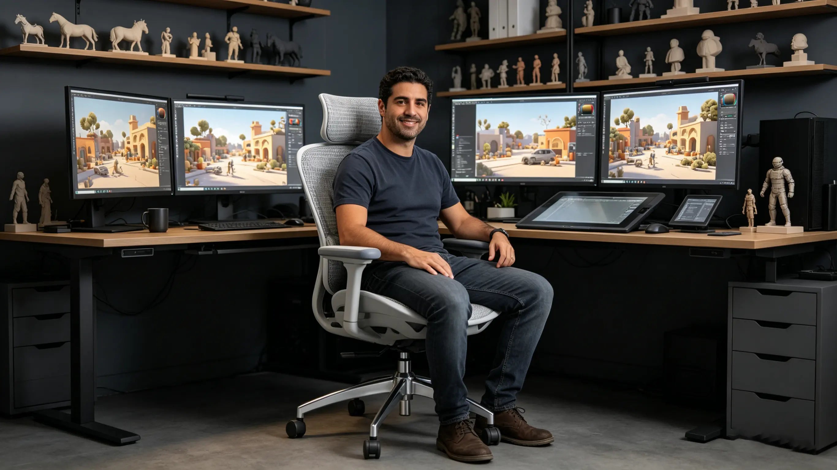 Lucas adjusting lighting in a 3D scene while sitting on his High Back Ergonomic Mesh Task Chair in A Coruña.