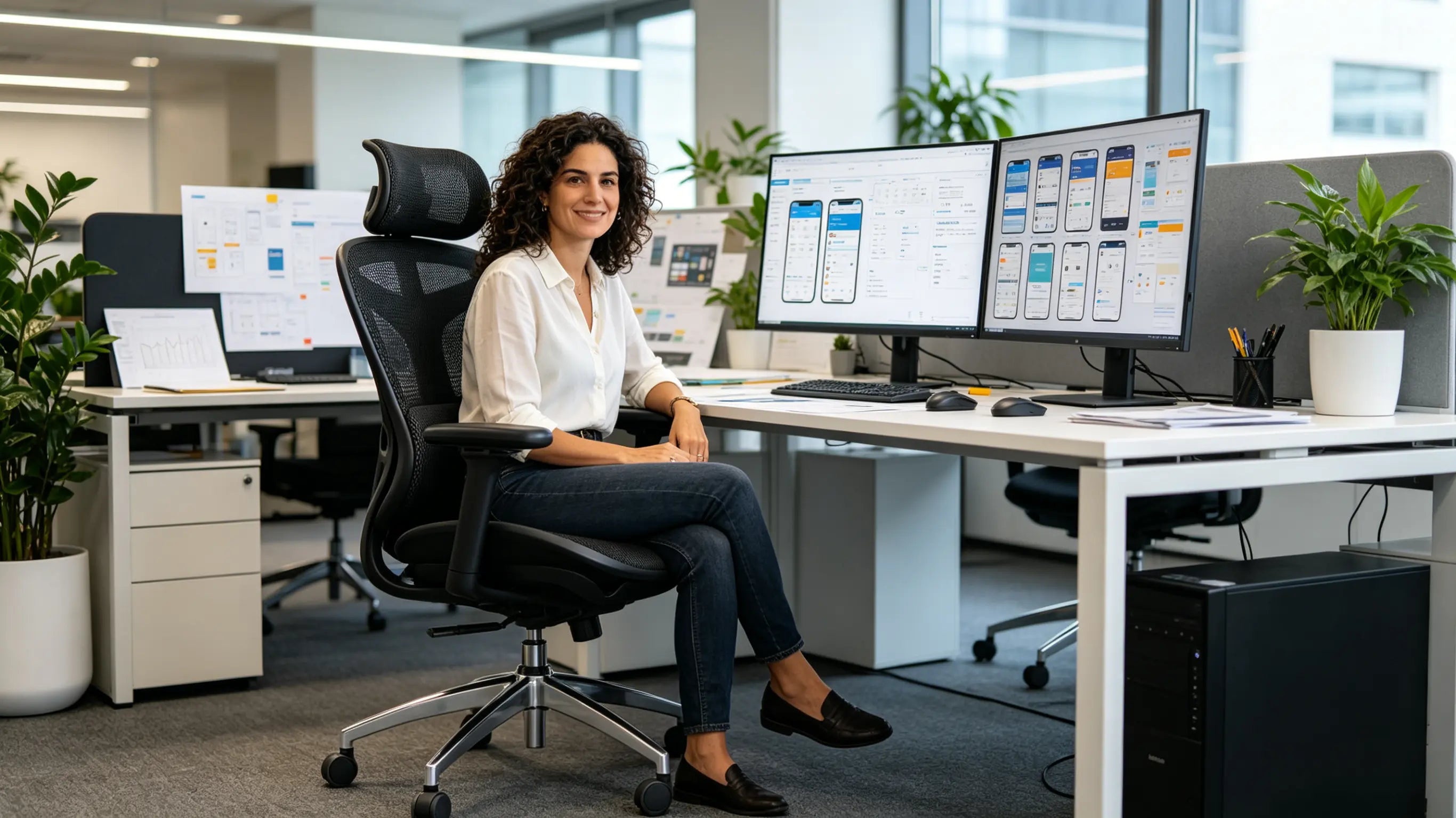 Lucía designing complex mobile app interfaces while sitting on her High Back Ergonomic Mesh Task Chair in Madrid.