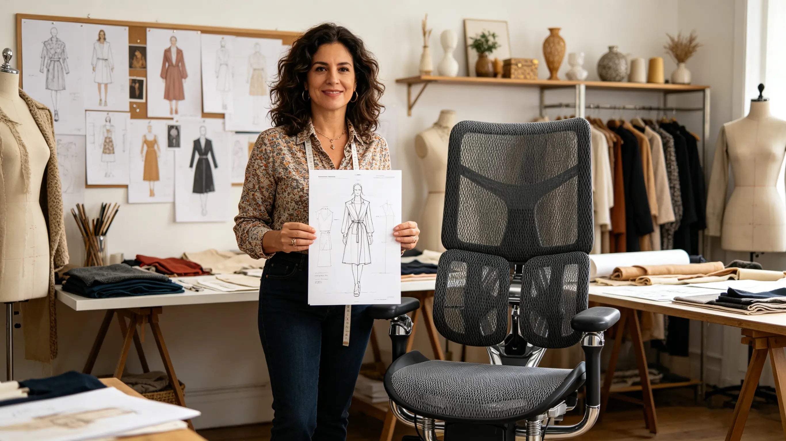 Clara reviewing intricate fabric designs while sitting on the best ergonomic office chairs from Ergo Select in Santiago.