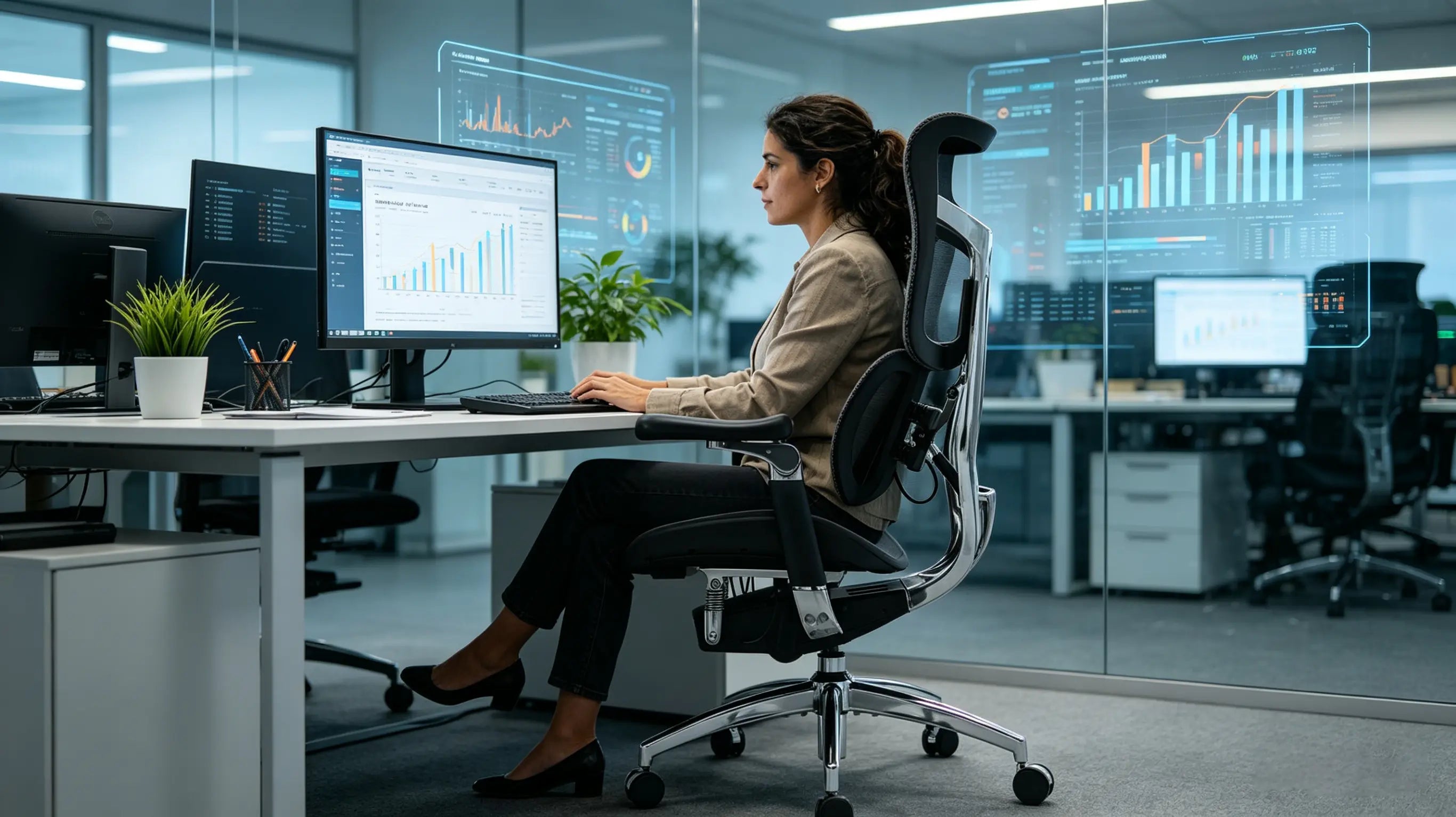 Sofía reviewing SEO data and keyword trends while sitting on the best ergonomic office chairs from Ergo Select in Toledo.